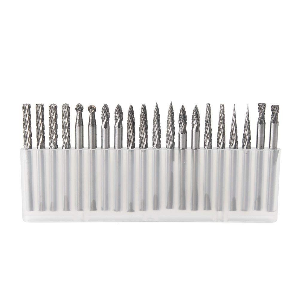 Solid Carbide Burr Set 20pcs 0.118’’ (3mm) Shank Rotary Files for Woodworking