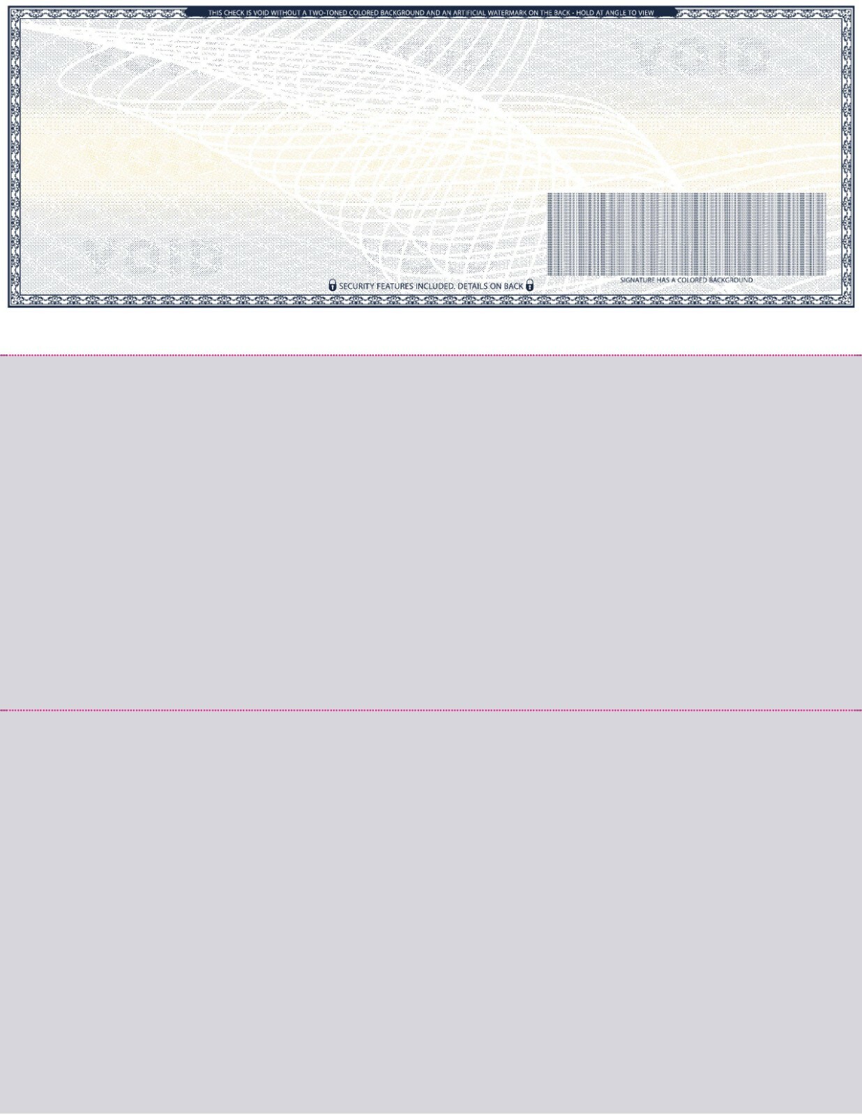100 Blank Check paper “High Security” – Check on Top – Dark Blue Art Deco