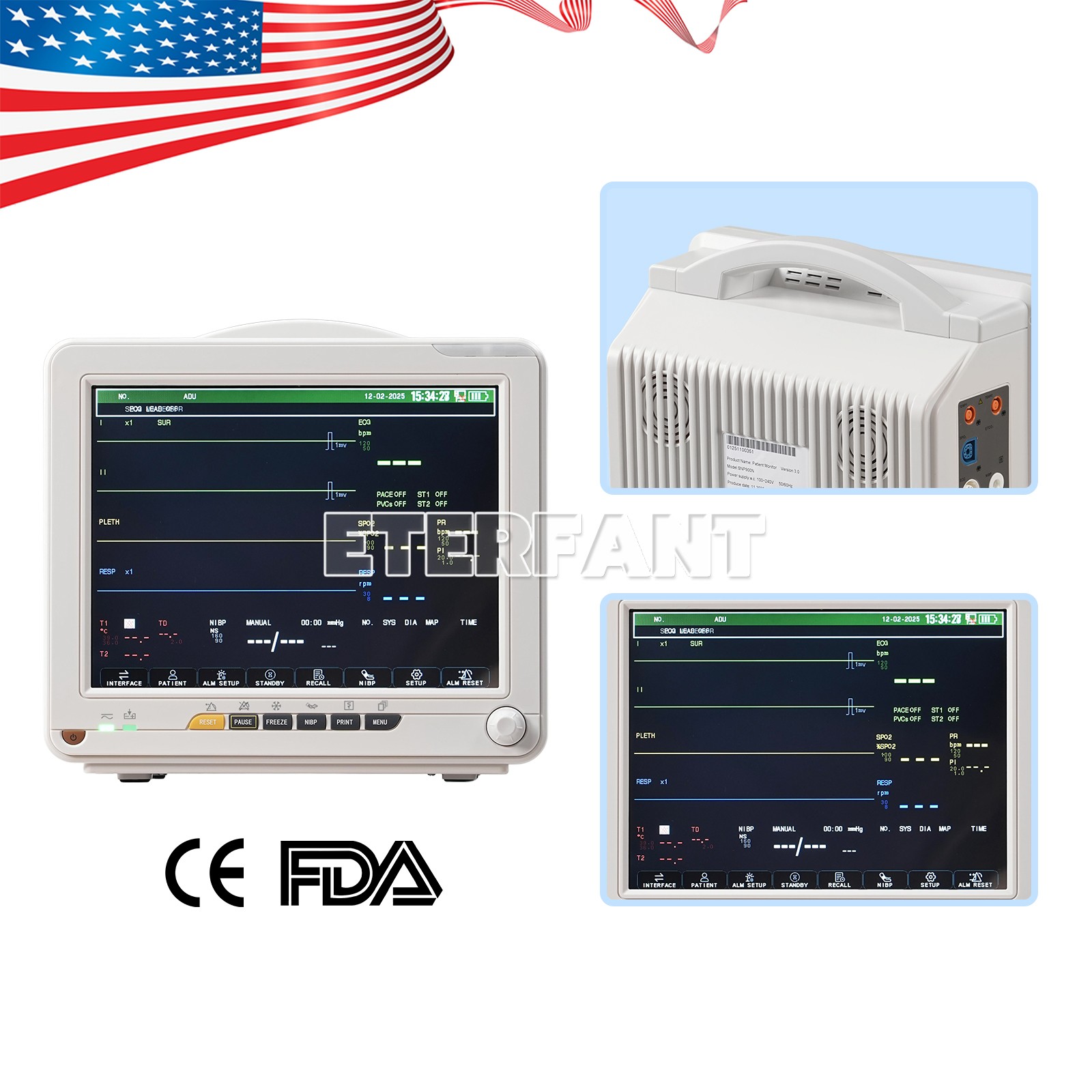 12″ Patient Monitor ICU CCU Vital Sign For Hospital ECG NIBP RESP TEMP SPO2 PR