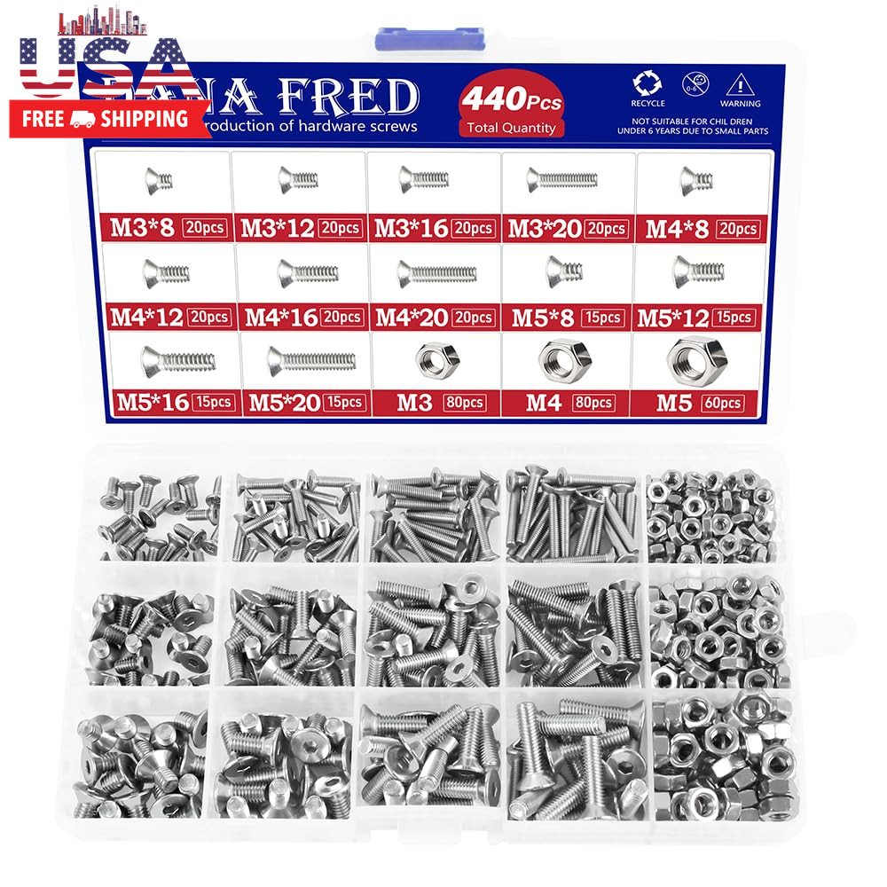 440 Pieces Flat Hex Socket Head Cap Screws Kit 304 Stainless Steel M3 M4 M5 Metr