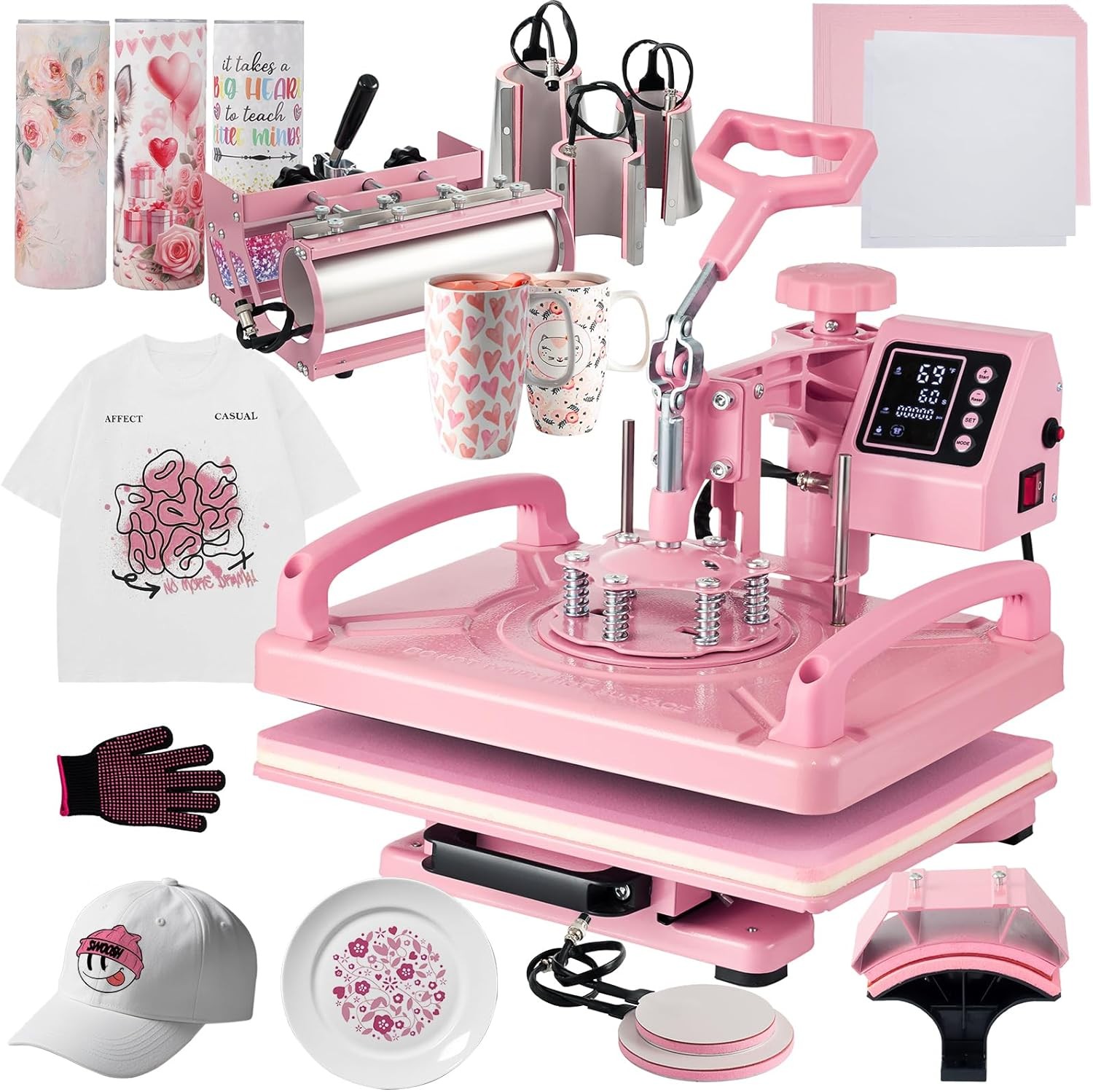 8 in 1 Heat Press Machine 12×15 in Sublimation Transfer T-shirt w/ 30OZ Tumblers