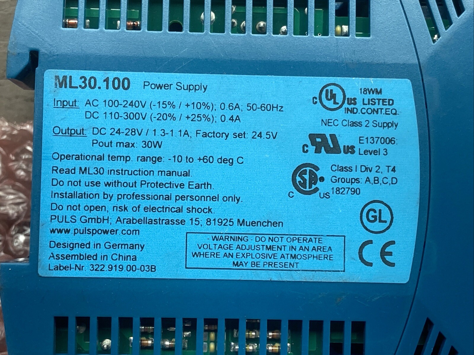 PULS ML30.100 Power Supply 100-240V AC 0.6A 50-60HZ