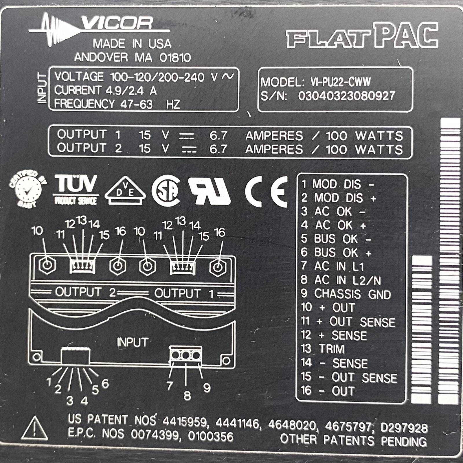 Vicor VI-PU22-CWW FlatPac Lamp Power Supply Module 100-120V 200-240V 4.9A 2.4A