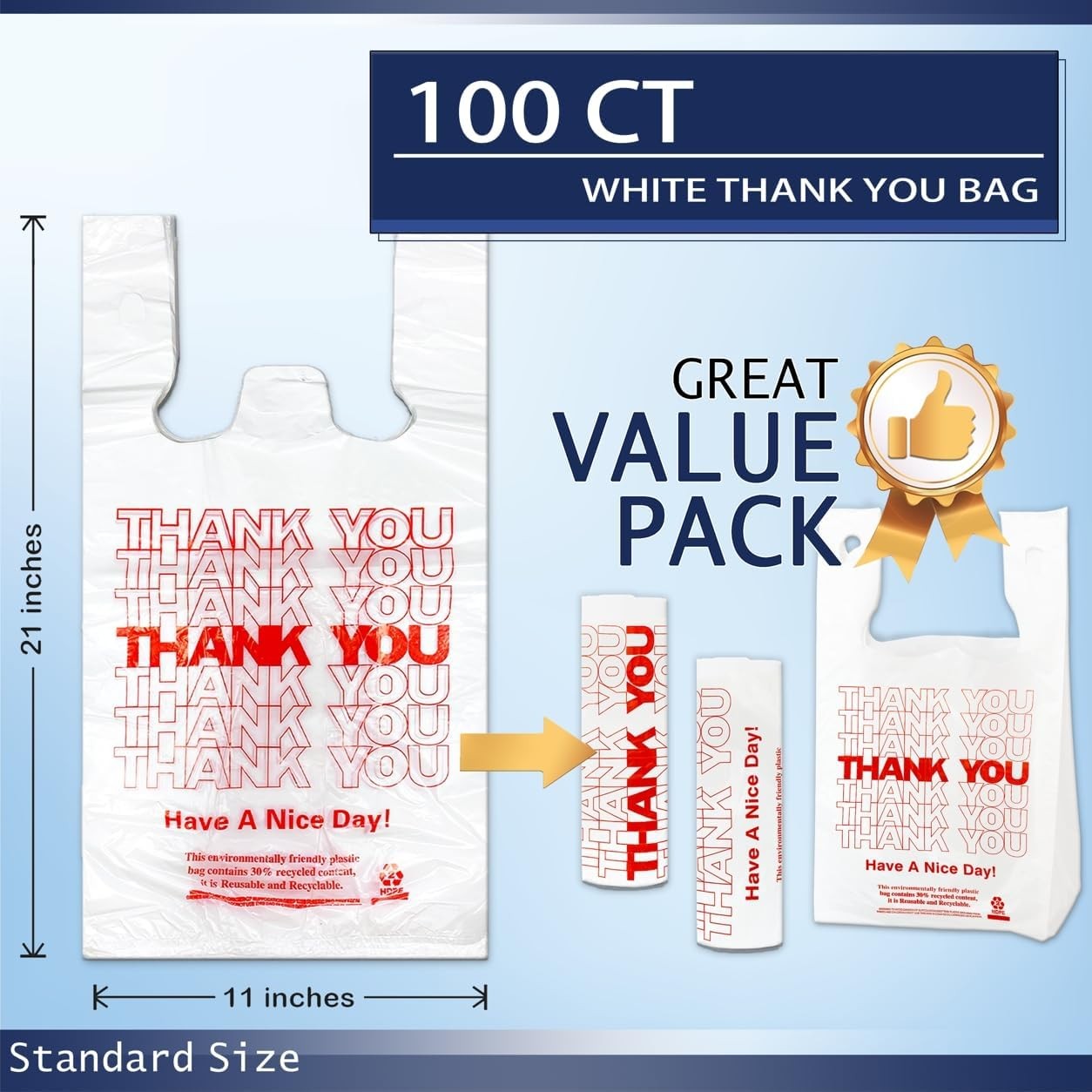 YoYoRain White Thank you T shirt bag, Grocery shopping bag Large,