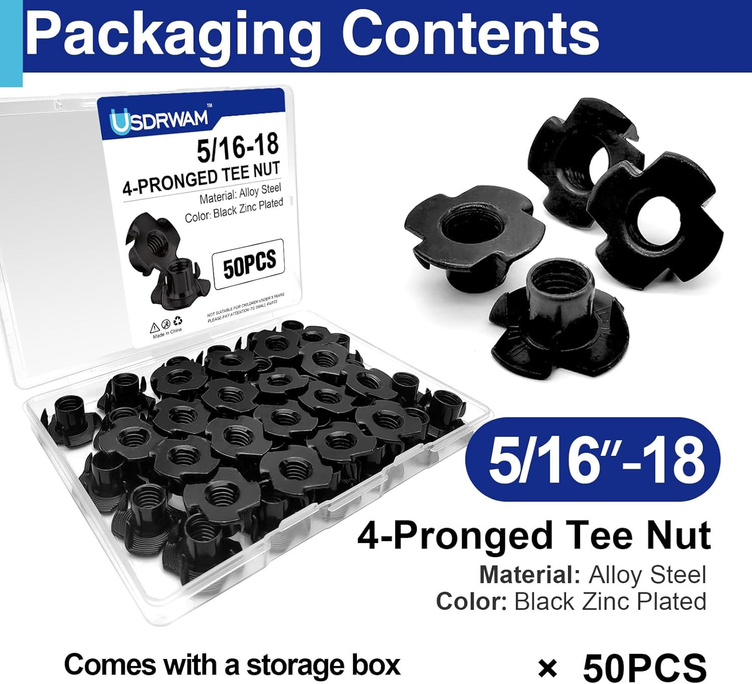 50 Pack 5/16″-18 T Nuts for Wood, Black Carbon Steel 4-Prong Tee Nuts for Fur…