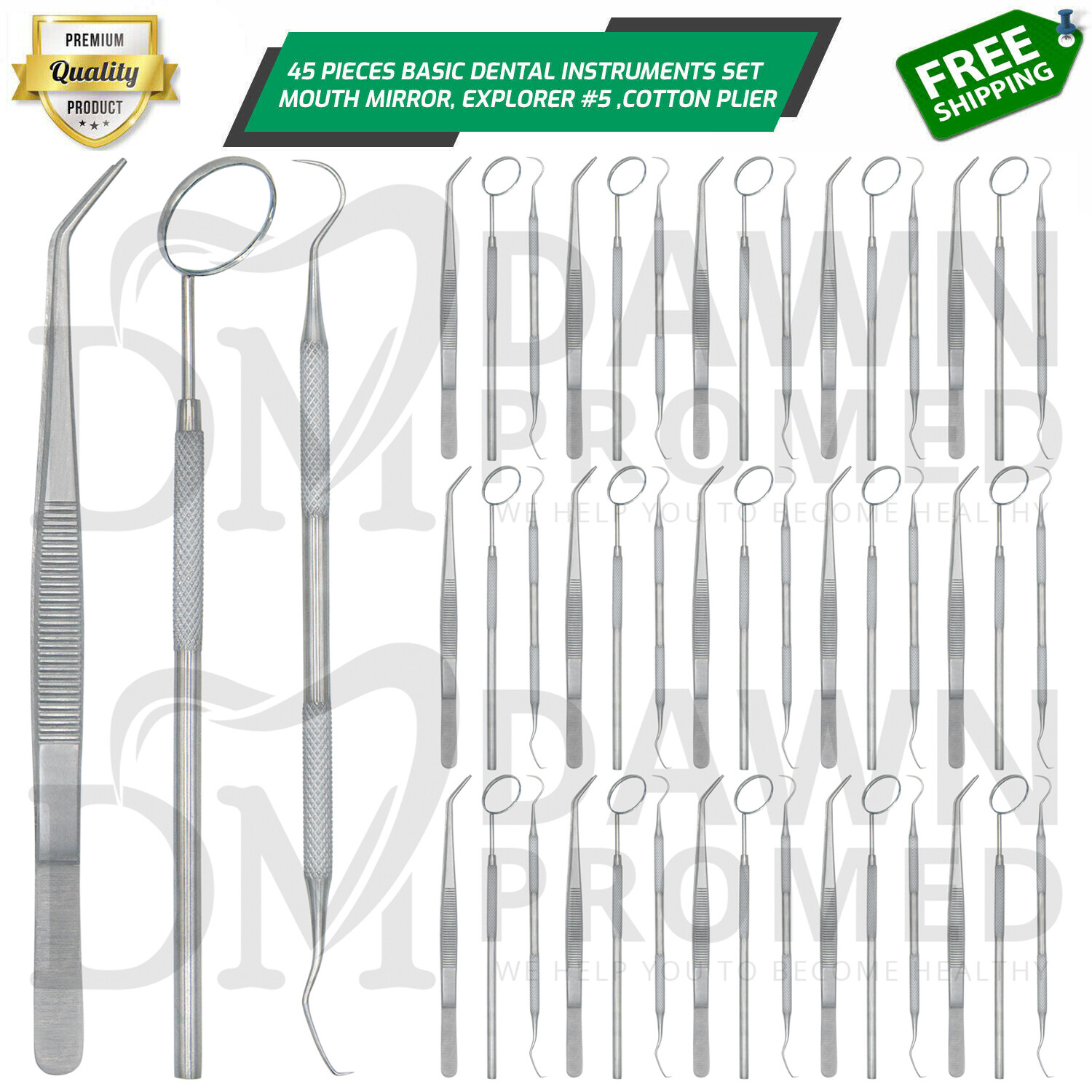 45 Basic Dental Instruments Set College Tweezer Explorer Mirror Plier Economy Gr