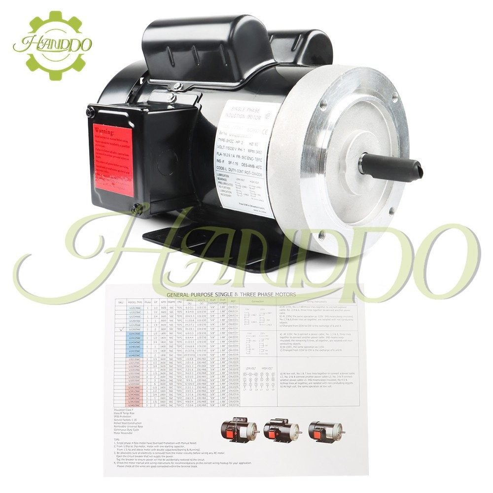 1Phase 115V/230V 60HZ CW/CCW Electric Motor 3450RPM 56C Frame 5/8″Shaft 2HP