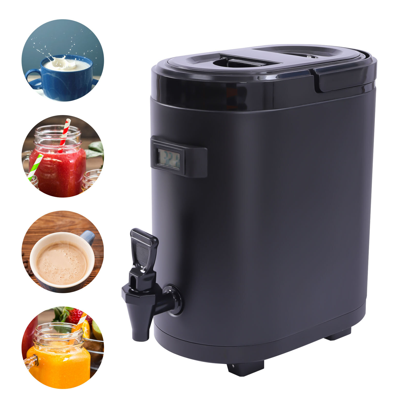 11.42*7.09*12.6in 2.11Gal Black Oval Insulated Beverage Dispenser W/ Thermometer