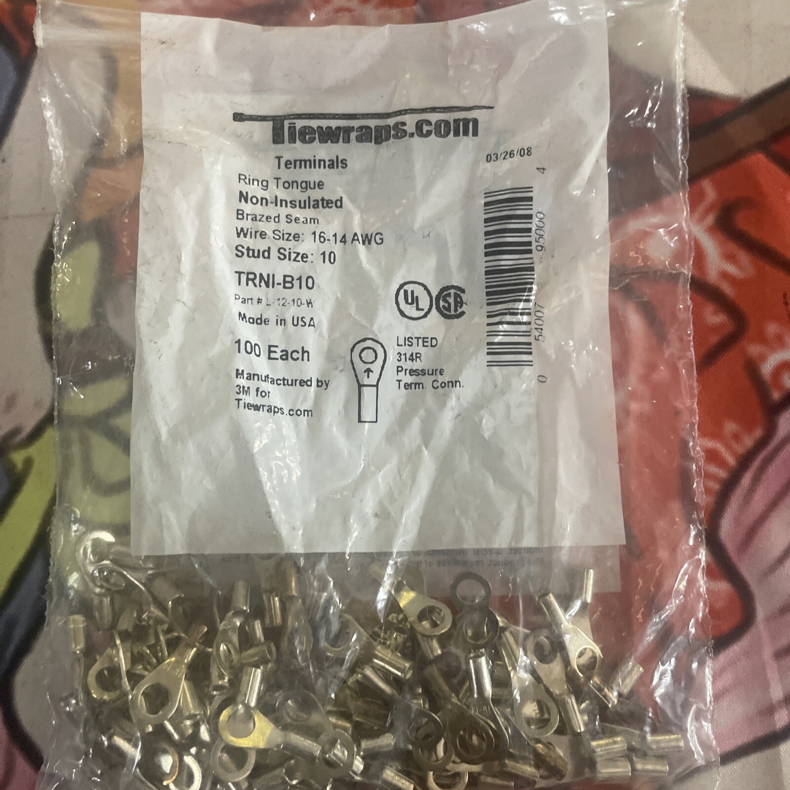 100 pieces pack Non-Insulated 16-14 AWG Stud Sz 10 Terminal Ring Tongue