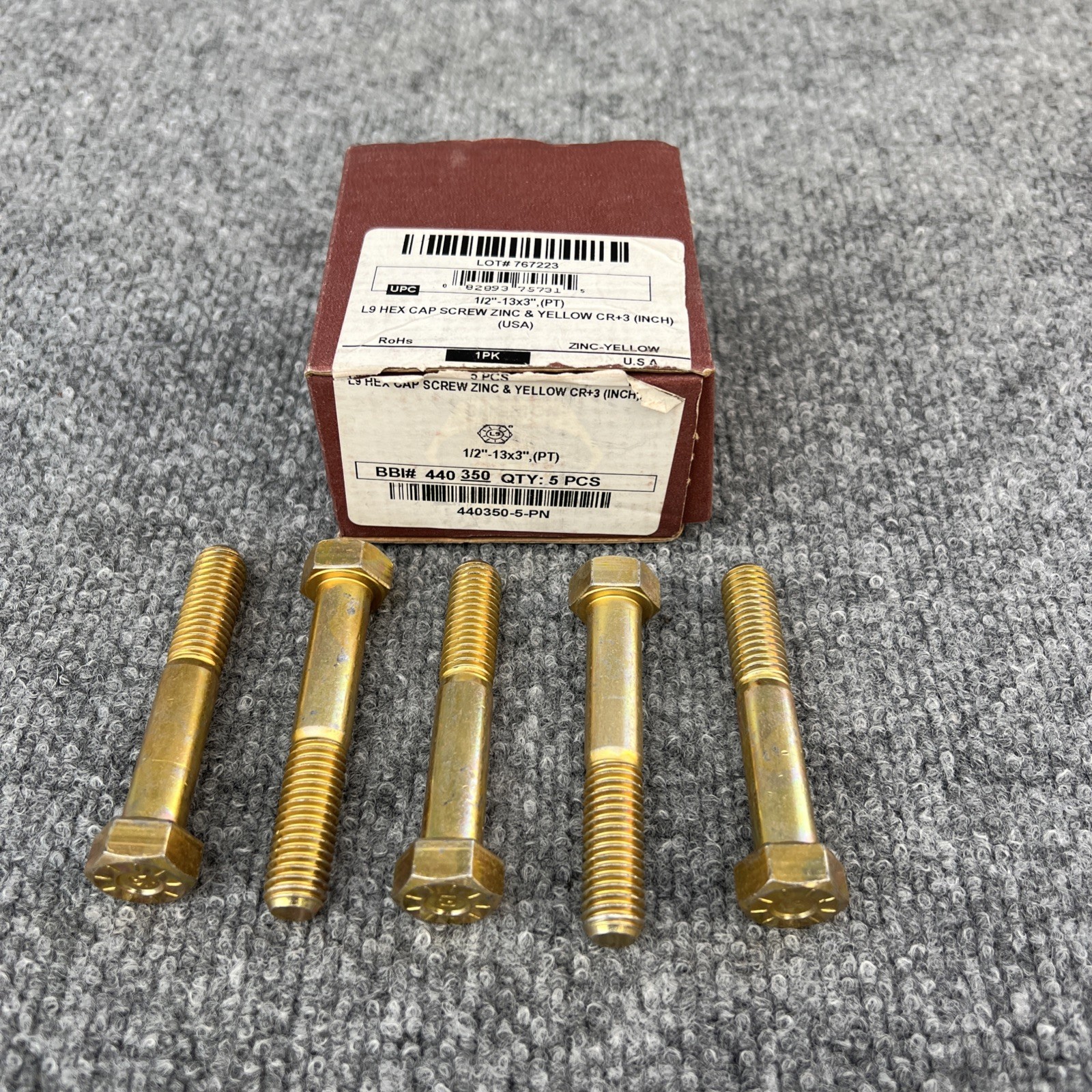 1/2″-13×3-1/2″ Hex Cap Screws Grade L-9 Bolts USA Zinc Yellow LOT OF 5