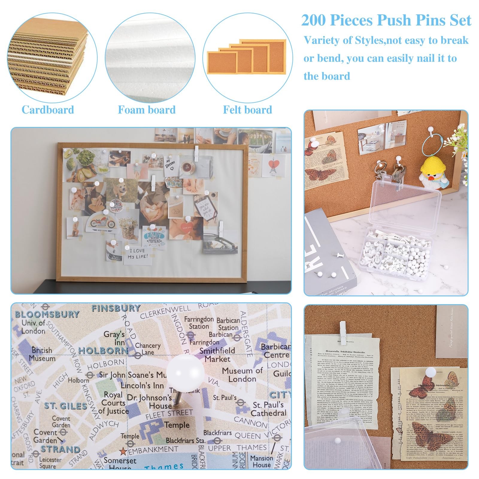 200 Pieces Push Pins Set, 5 Types White Thumb Tacks Cute Decorative Push Pins…