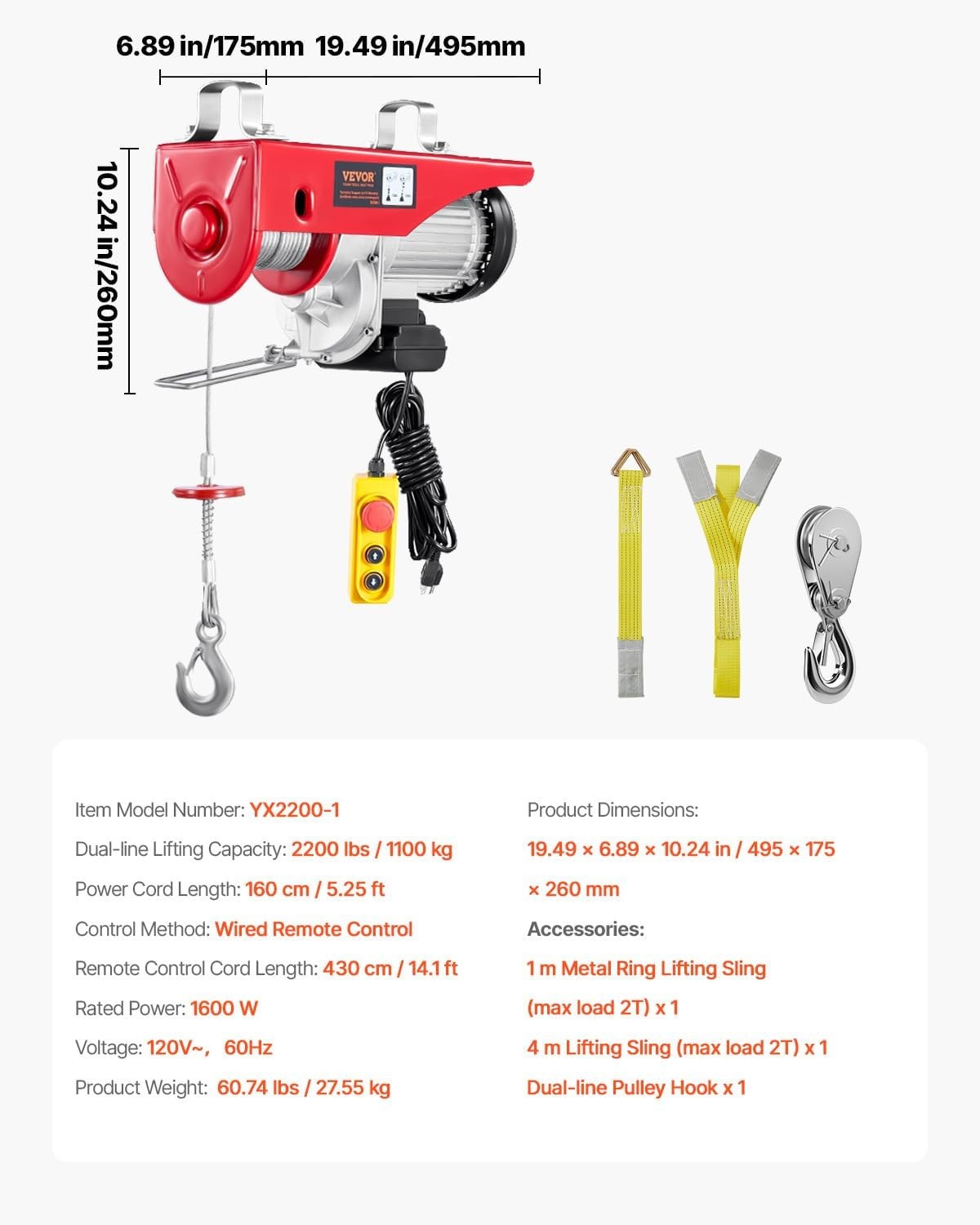 2200Lbs Electric Hoist W/14Ft Wired Remote Control, 110V Electric Hoist with 40F