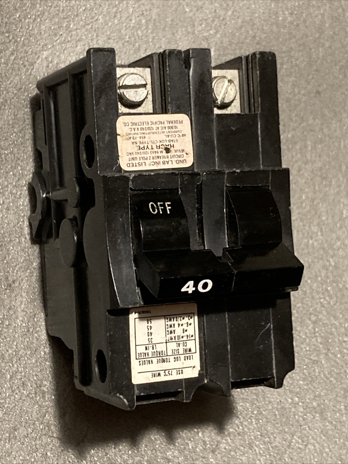NA240 FPE Federal Pacific 40 Amp 2 Pole Stab-Lok Black Handle / White “40”