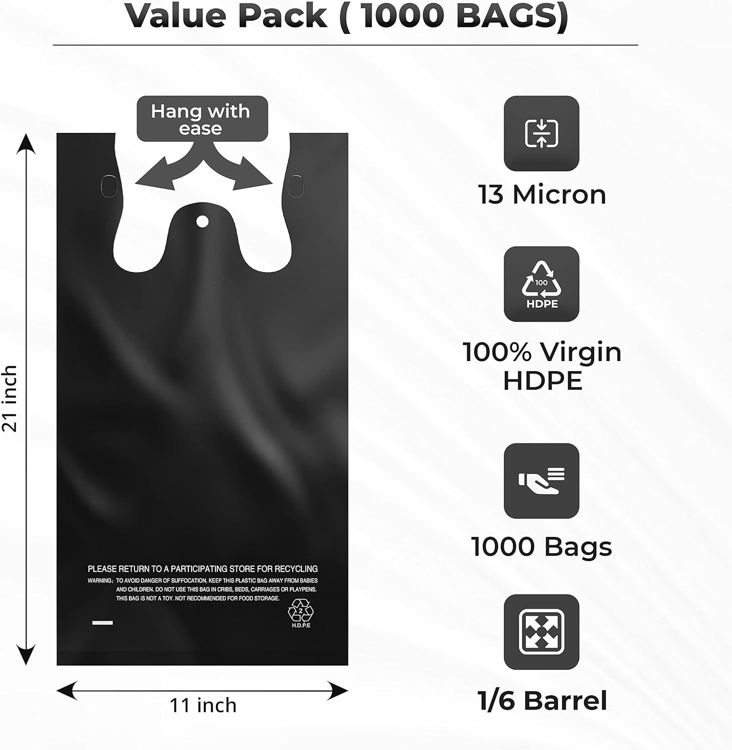 , Black T-Shirt Bags in Bulk – 1000 Count – (11″ X 6″ X 21″) – Restaurant Carryo