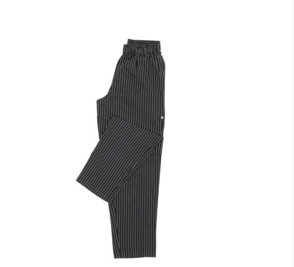 Chef Works Men’s Designer Baggy Chef Pants, Black W/ Wht Pinstripe, XL