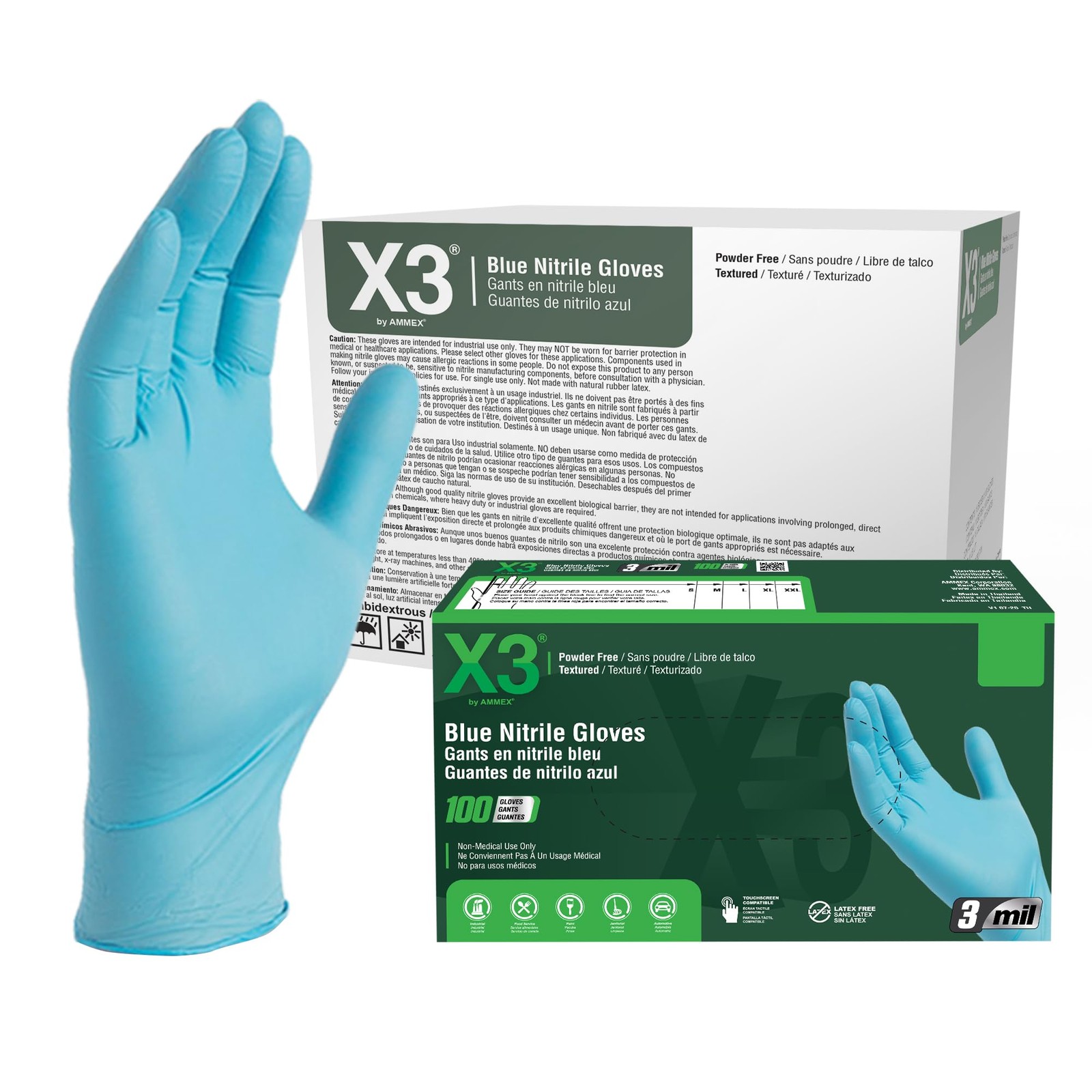X3 Blue Nitrile Disposable Industrial Gloves, 3 Large (Pack of 1000),
