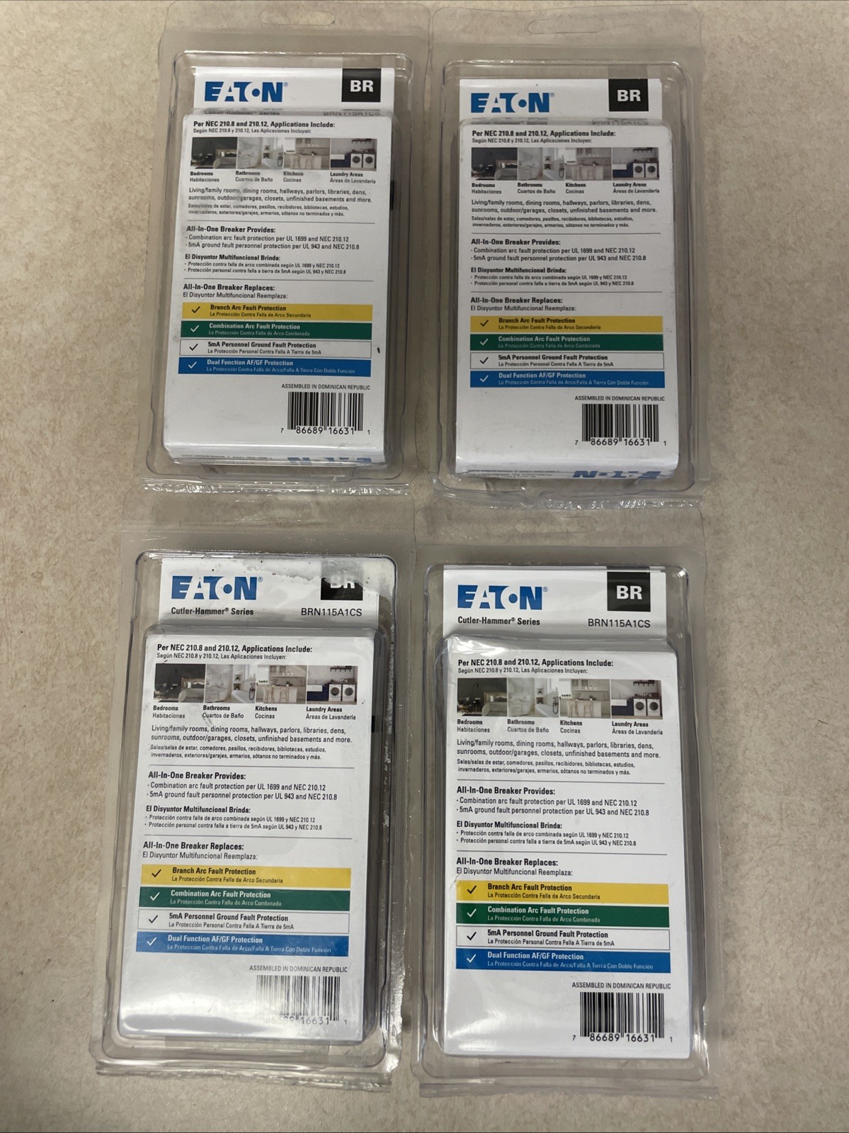Lot of 4 Eaton BR 15 Amp All in One AF/GF Plug-On-Neutral Breaker (BRN115A1CS)