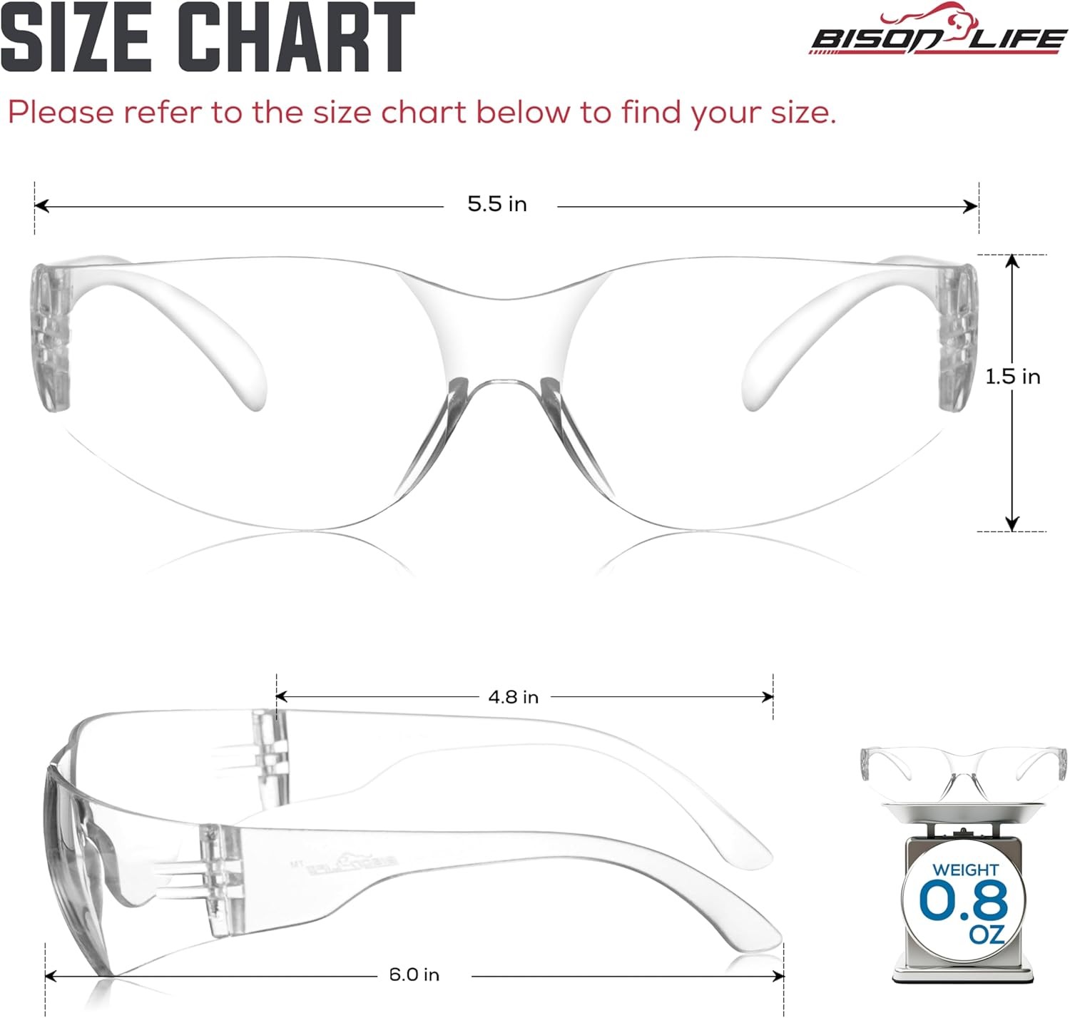 BISON LIFE Safety Glasses – Scratch Resistant 12 per box (1 box), Clear/Clear