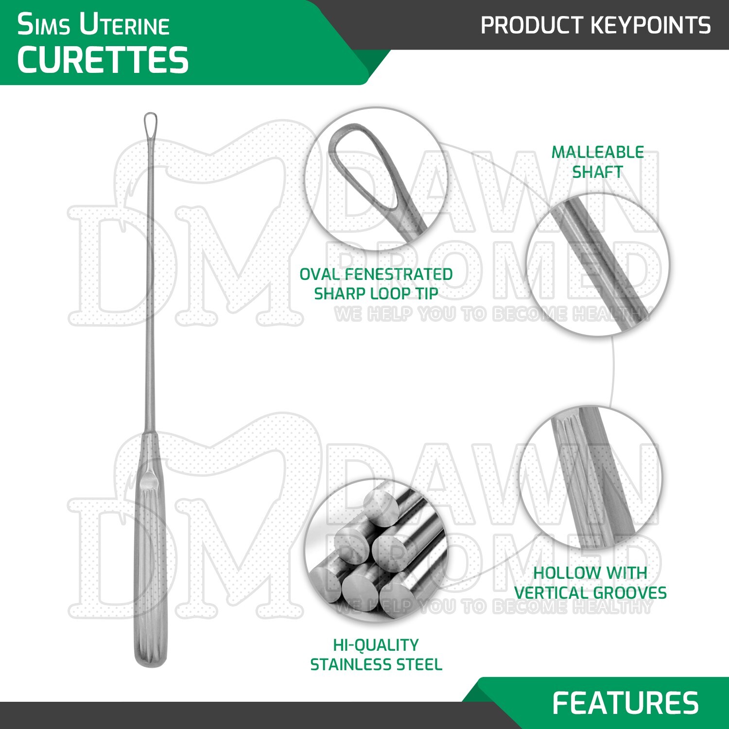 Sims Uterine Curettes 8 Pcs Set 11″ Sharp Blade 00,0,1,2,3,4,5,6 Inst German Gr