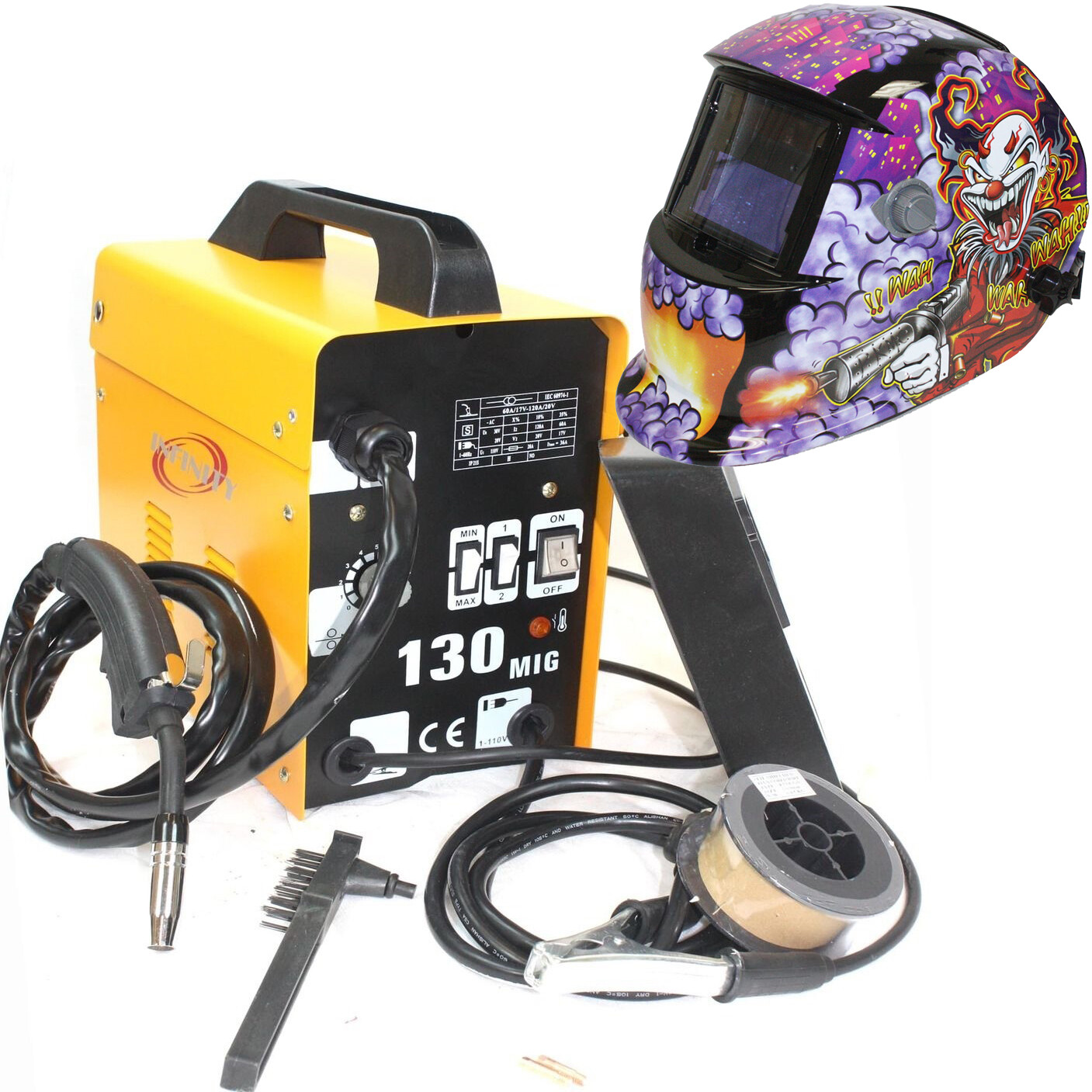 MIG-130 Flux Core Auto Wire Welder Machine w/Cooling & US Joker Welding Helmet