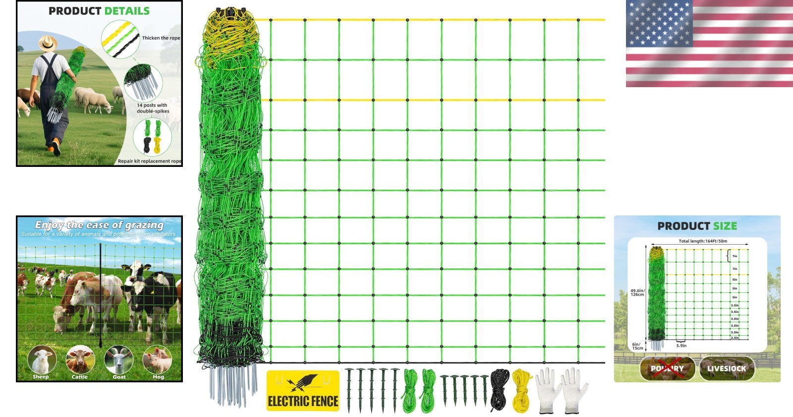 Versatile Electric Fence Netting, 49.6″ x 164′, for Safe Livestock Management