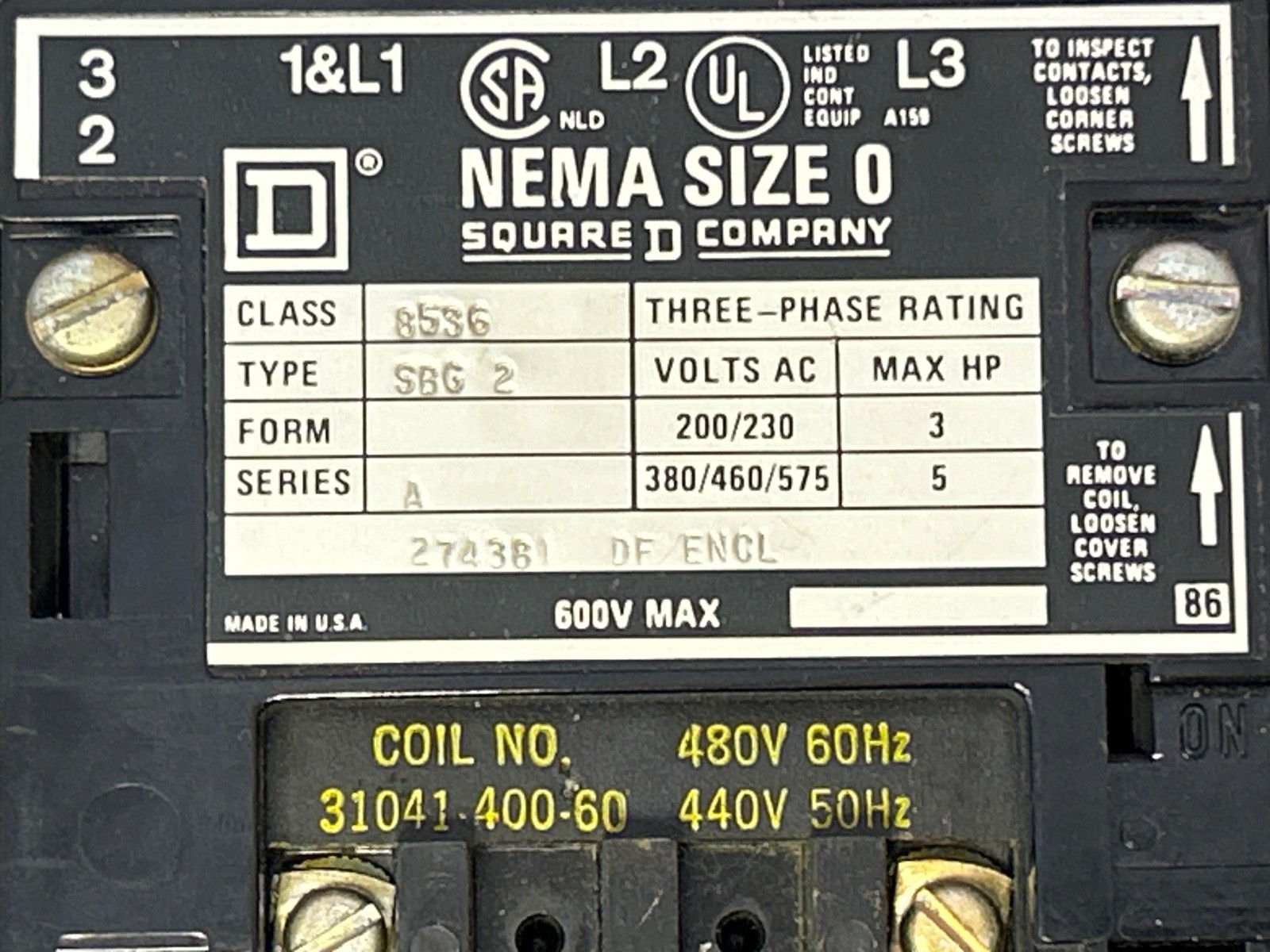 Square D 8536SBG2 Series A 3hp 600V NEMA Size 0 Motor Starter