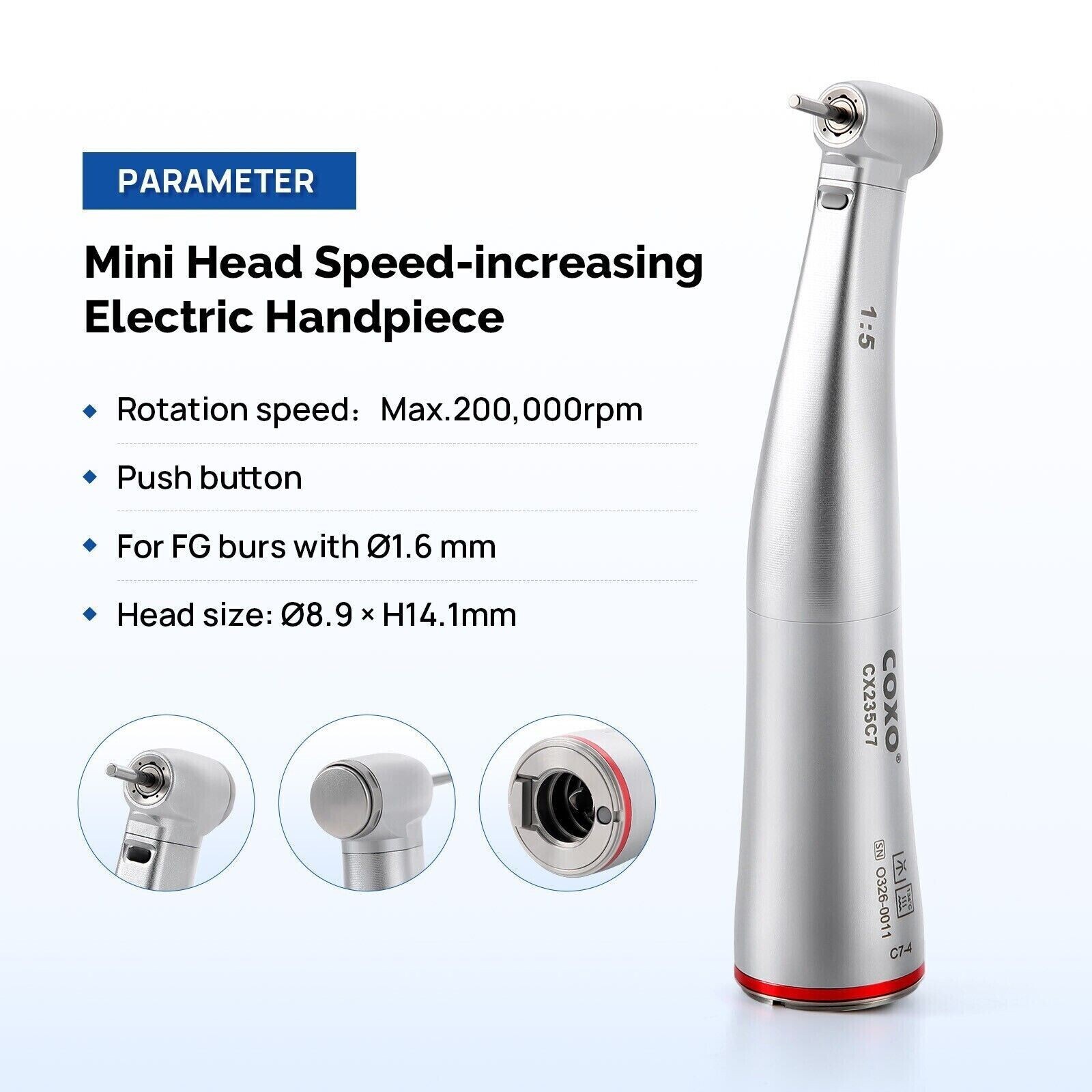 COXO 1:5 Contra Angle Dental LED Handpiece Fiber Optic Mini Head CX235C7-4