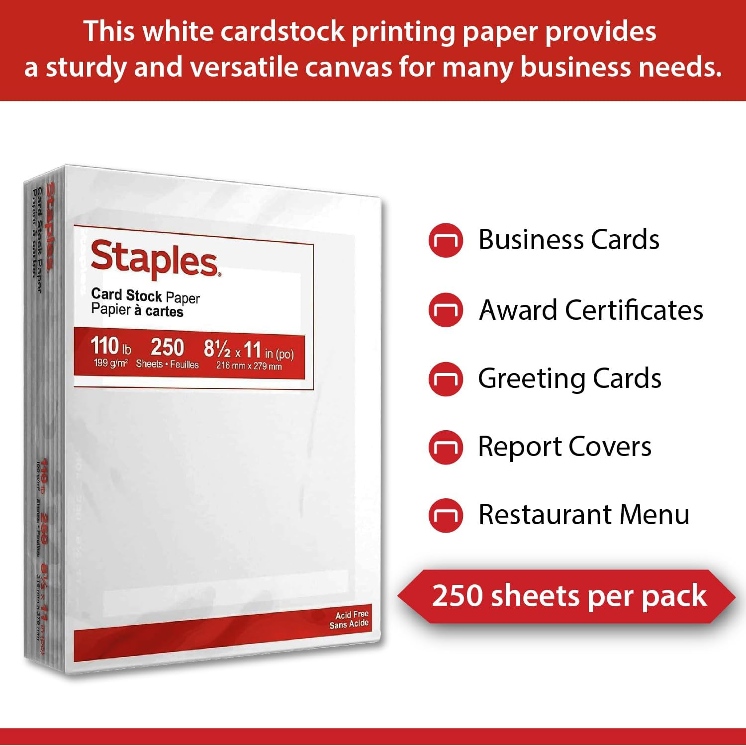 Staples Cardstock Paper, 8.5-Inch X 11-Inch Paper Size, Matte White. 250 Pack