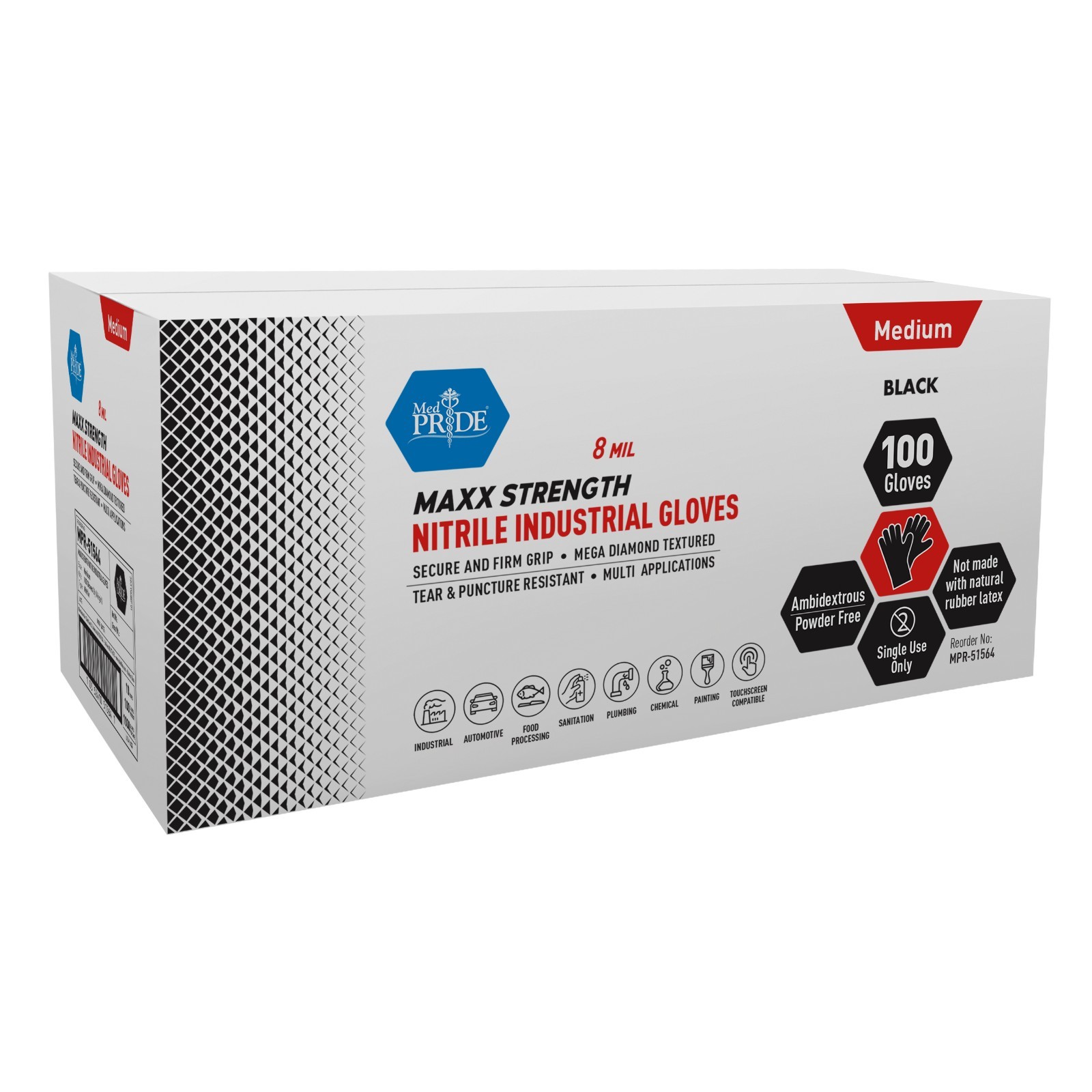 MED PRIDE Maxx Strength 8mil Nitrile Gloves – Black, Diamond Grip, Heavy-Duty