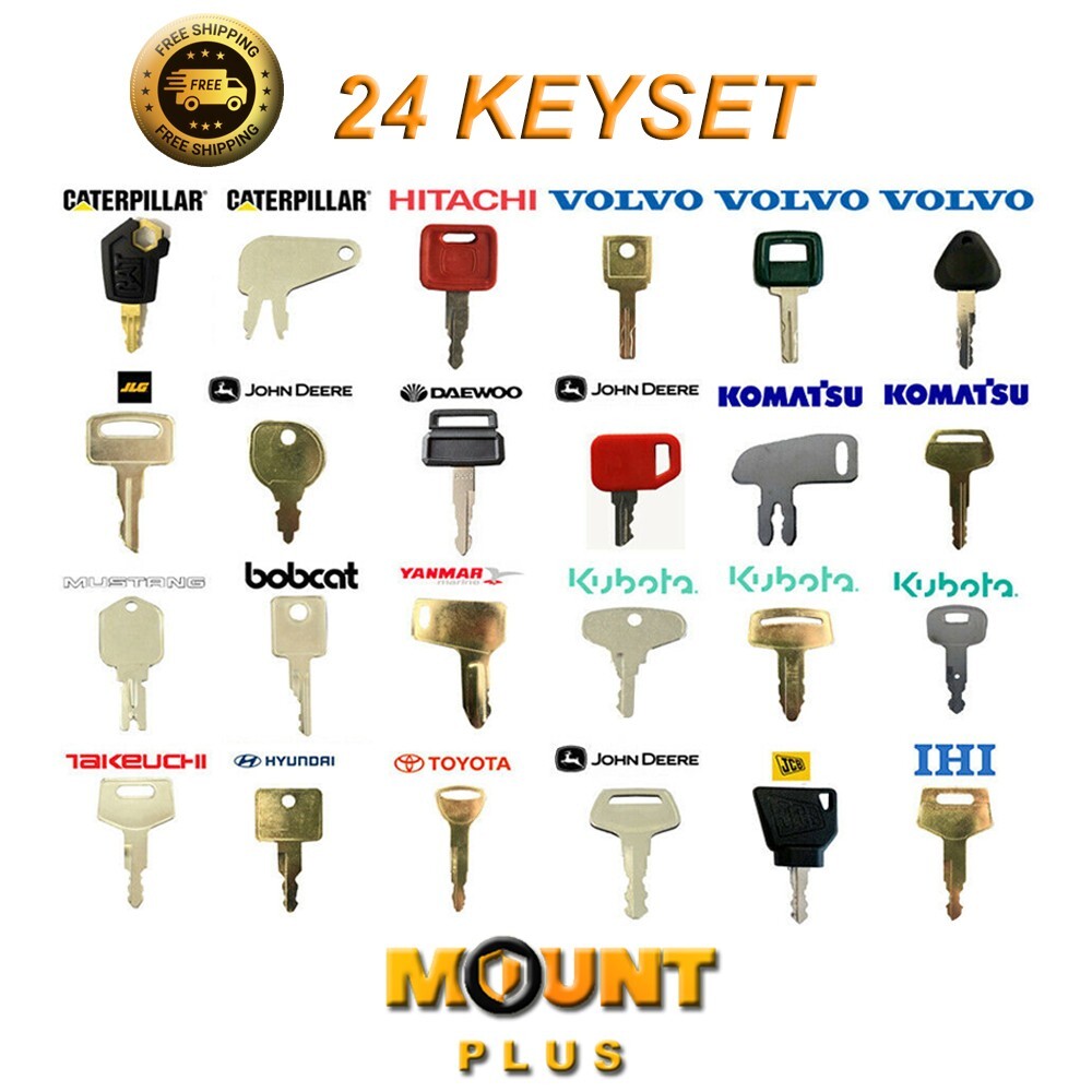 24X Heavy Equipment Keys Set Case CAT Komatsu JCB Kubota Bobcat Volvo Doosan JLG