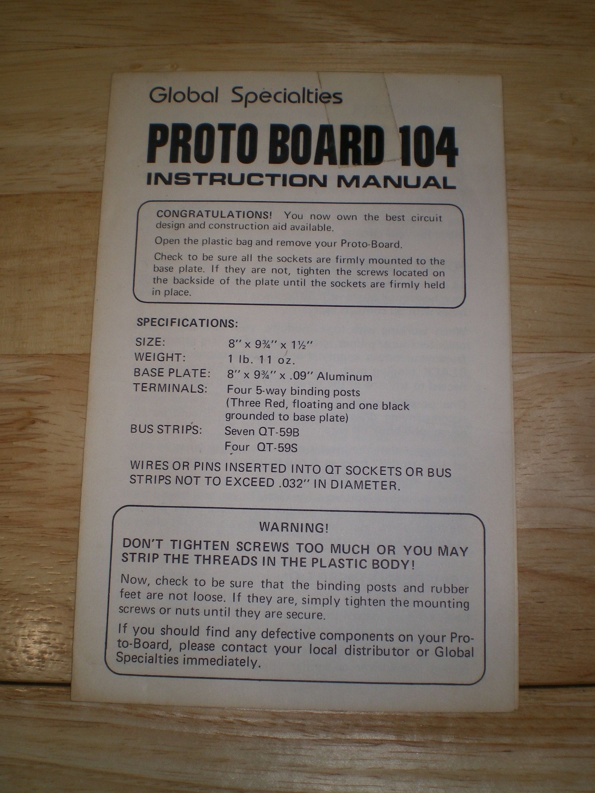 Instruction Manual Proto Board 104 Global Specialties Corporation 1980