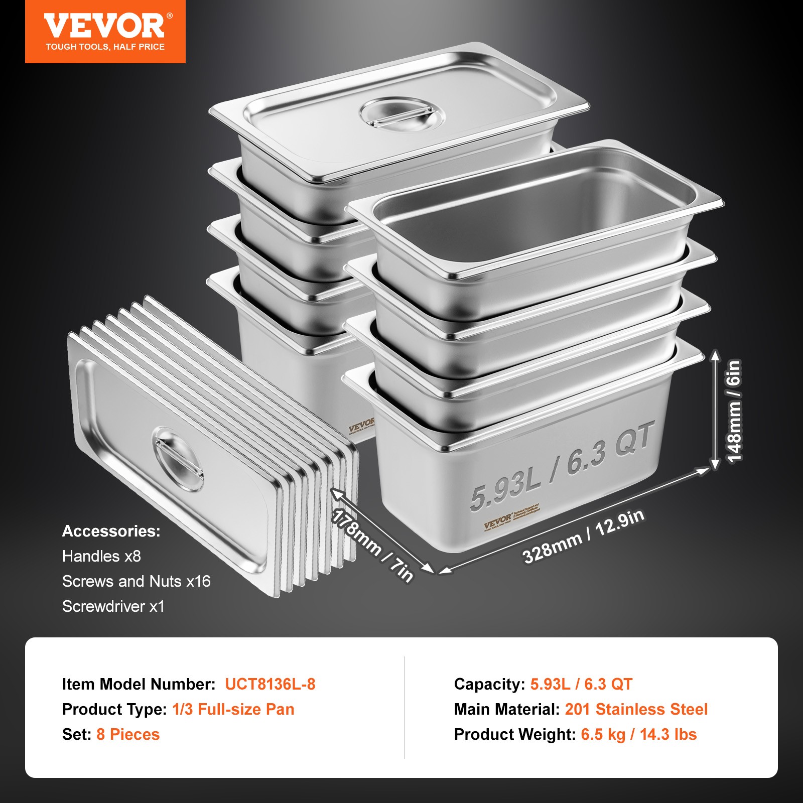 VEVOR 8 Pack 1/3 Size Hotel Pans Steam Table Pan Stainless Steel 6″ Deep Lid