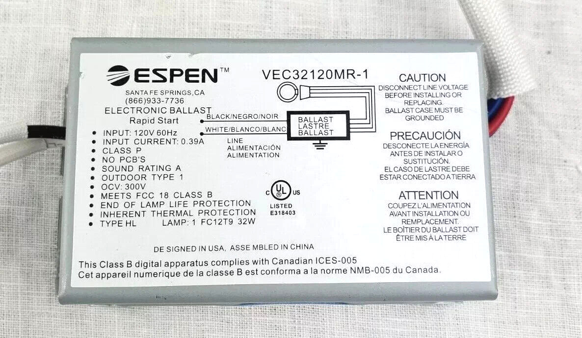 Ballast VEC32120MR-1 By Espen Input 120V 60Hz OVC 300V 32W