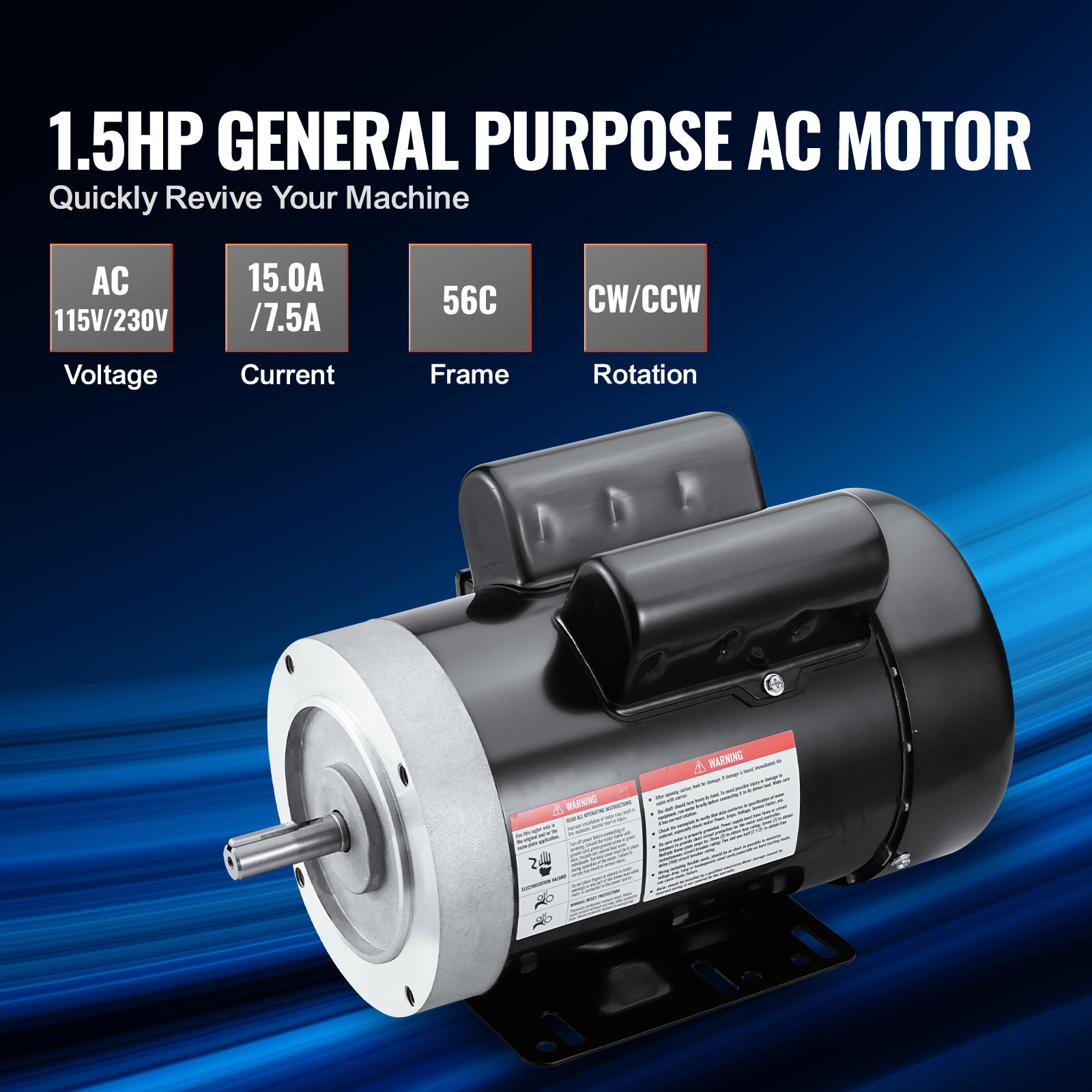 VEVOR 1.5HP Electric Motor 1725RPM AC115/230V 56C Frame 1-Phase 5/8″ Keyed Shaft