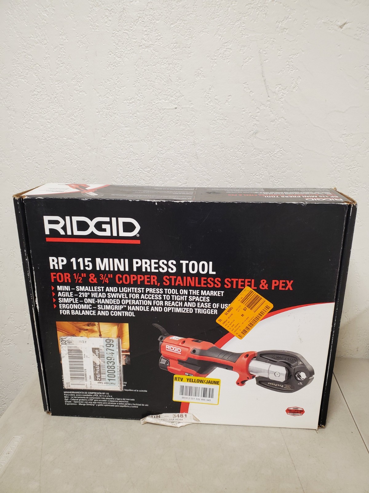 RIDGID RP 115 Mini Press Kit w/ 1/2″ & 3/4″ ProPress Jaw, Battery, & Charger