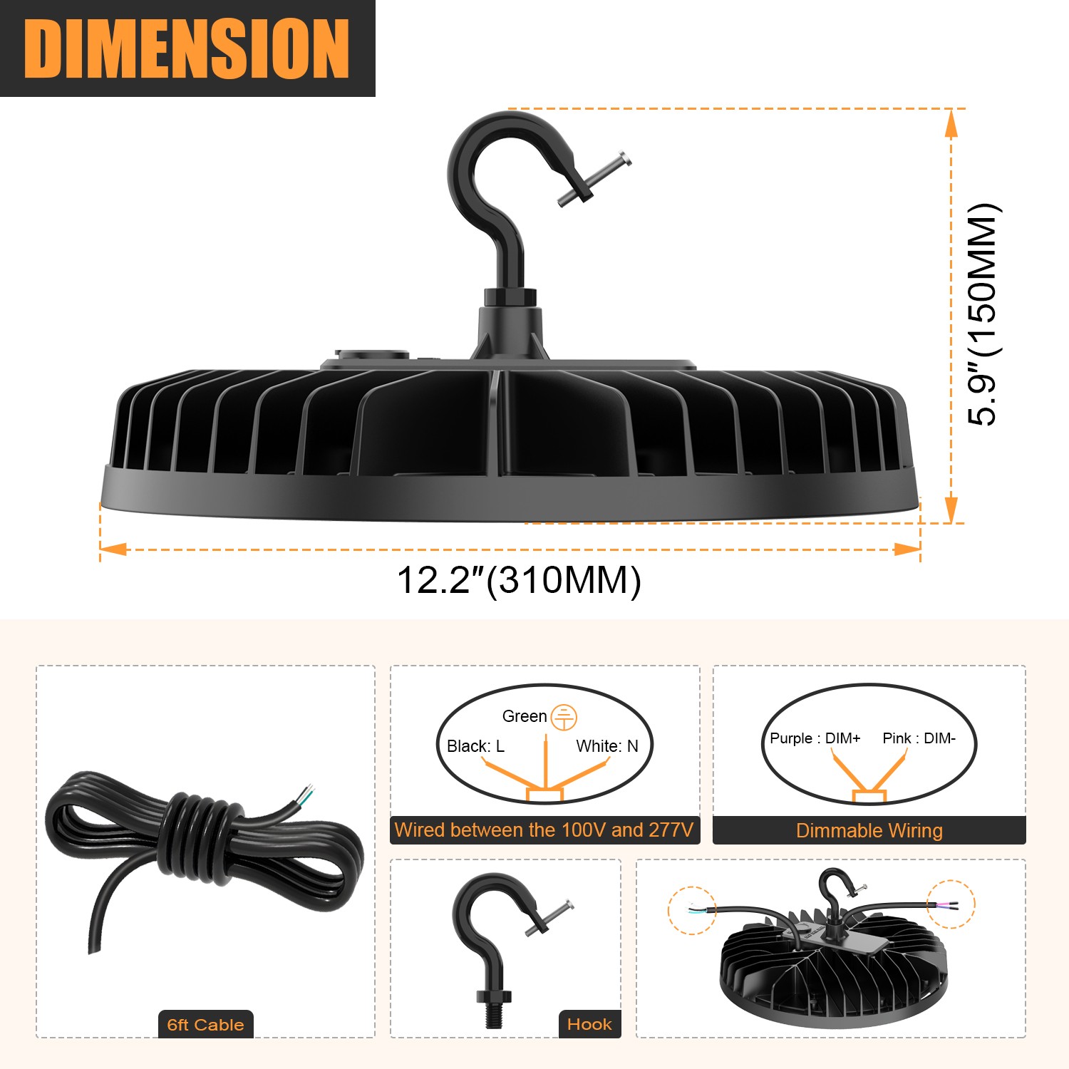 KUKUPPO 240W LED High Bay Light Dimmable Shop Light 4500K 5000K 5700K Adjustable