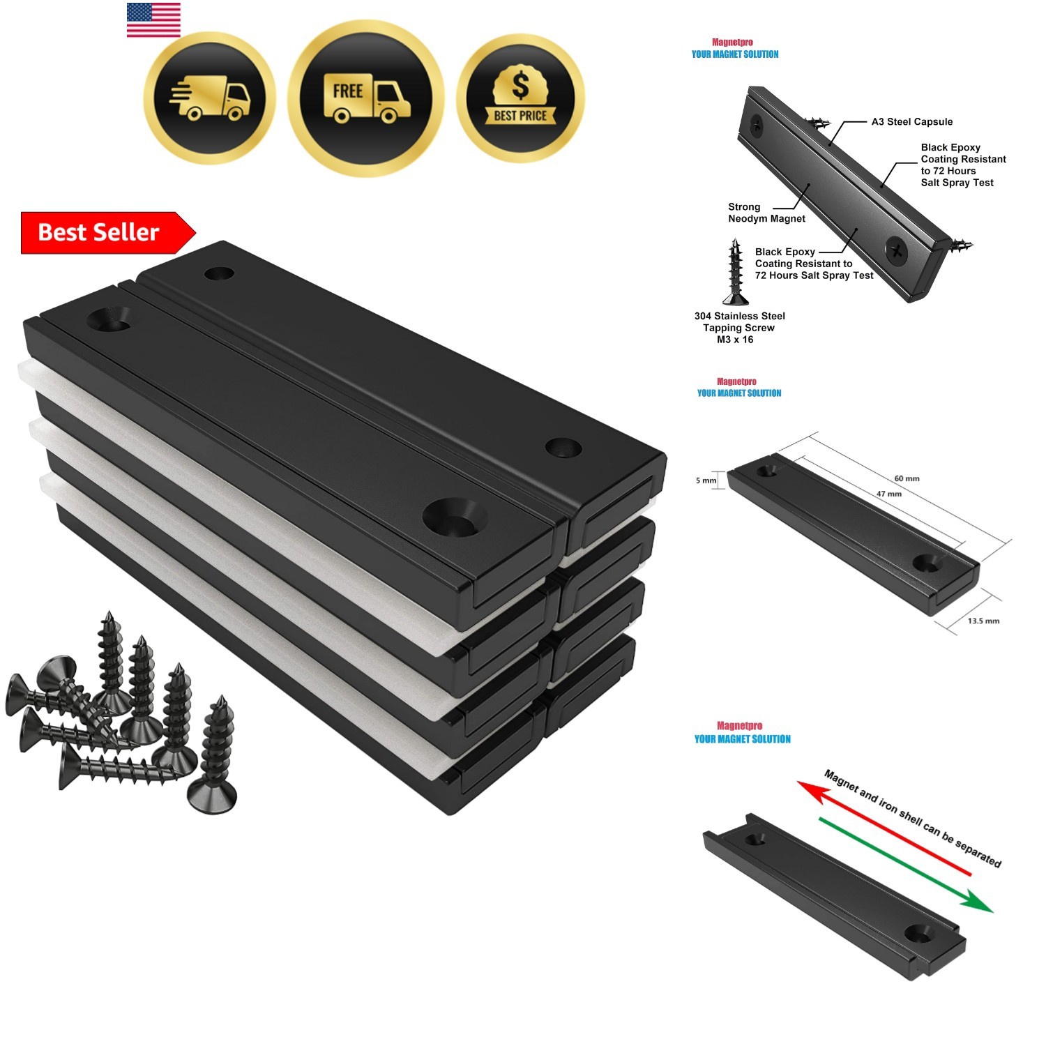 Rectangular Magnets 80 LBS Force Size 2.36″ x 0.53″ x 0.20″ Black Epoxy Coati…