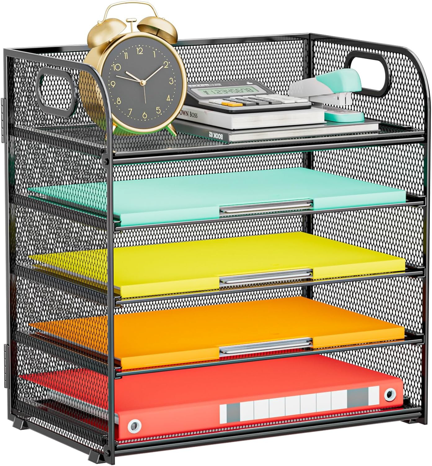 Paper Organizer Letter Tray with Handle, 5-Tier Black | Stackable Desk Organizer