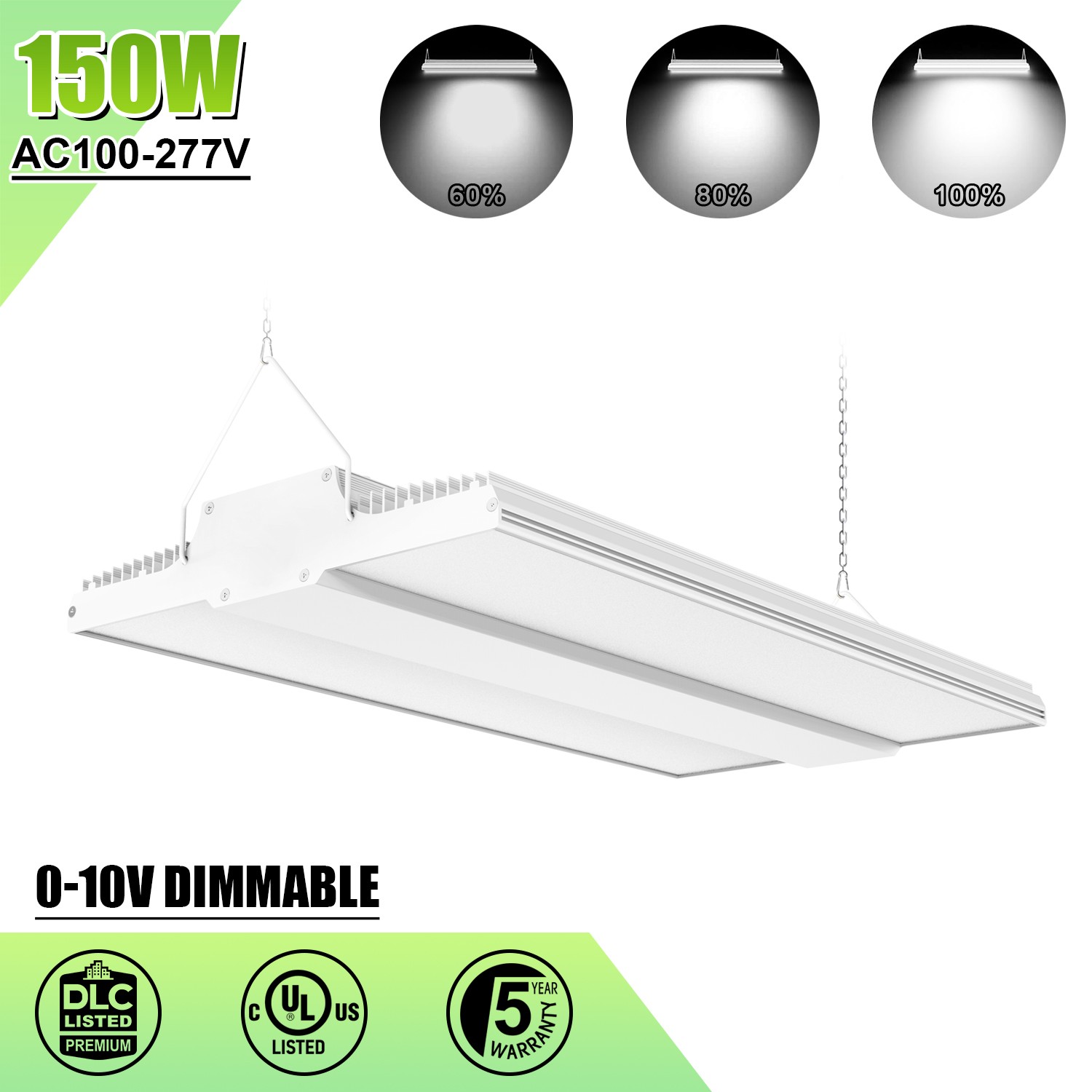 150W LED Linear High Bay Light, 25000LM Commercial Shop Lighting Fixture 5000K