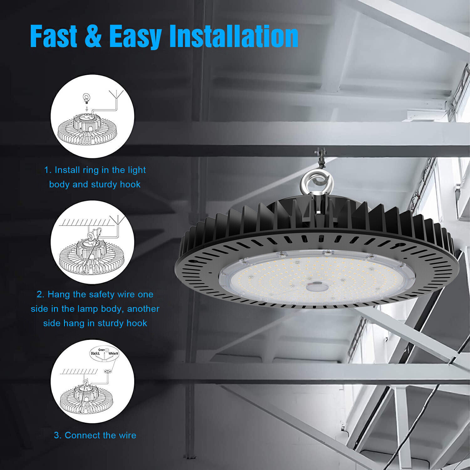 LED High Bay Light 240W 200W 150W Adjustable 4500K-5700K Dimmable Warehouse Lamp