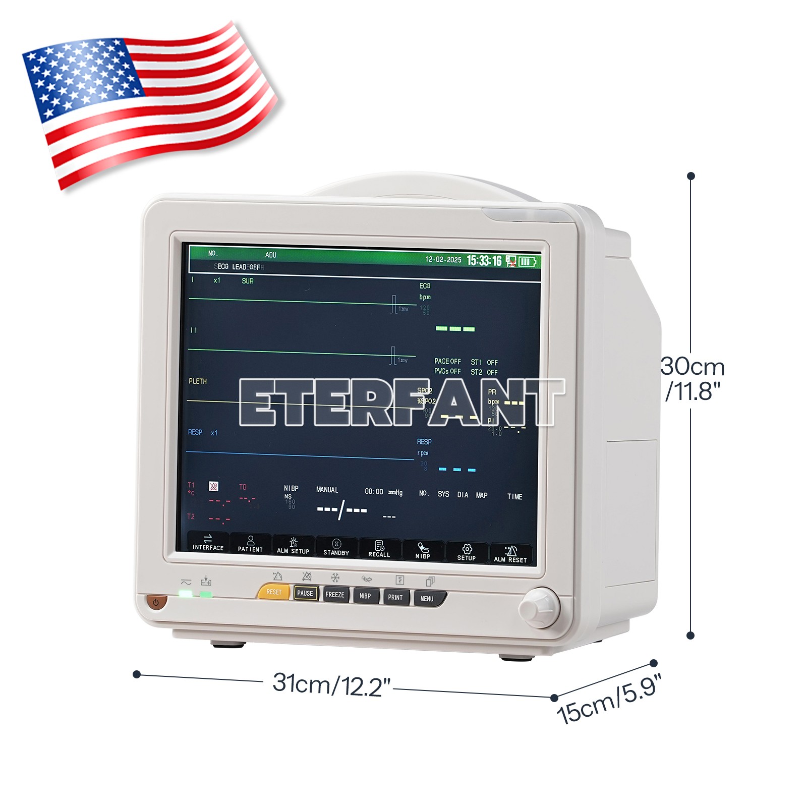 12″ Patient Monitor ICU CCU Vital Sign For Hospital ECG NIBP RESP TEMP SPO2 PR