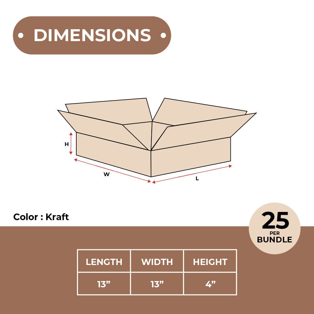 SSBM 25 Shallow Kraft Corrugated Boxes – Ideal for Flat Items, 13 x 13 x 4 Inch