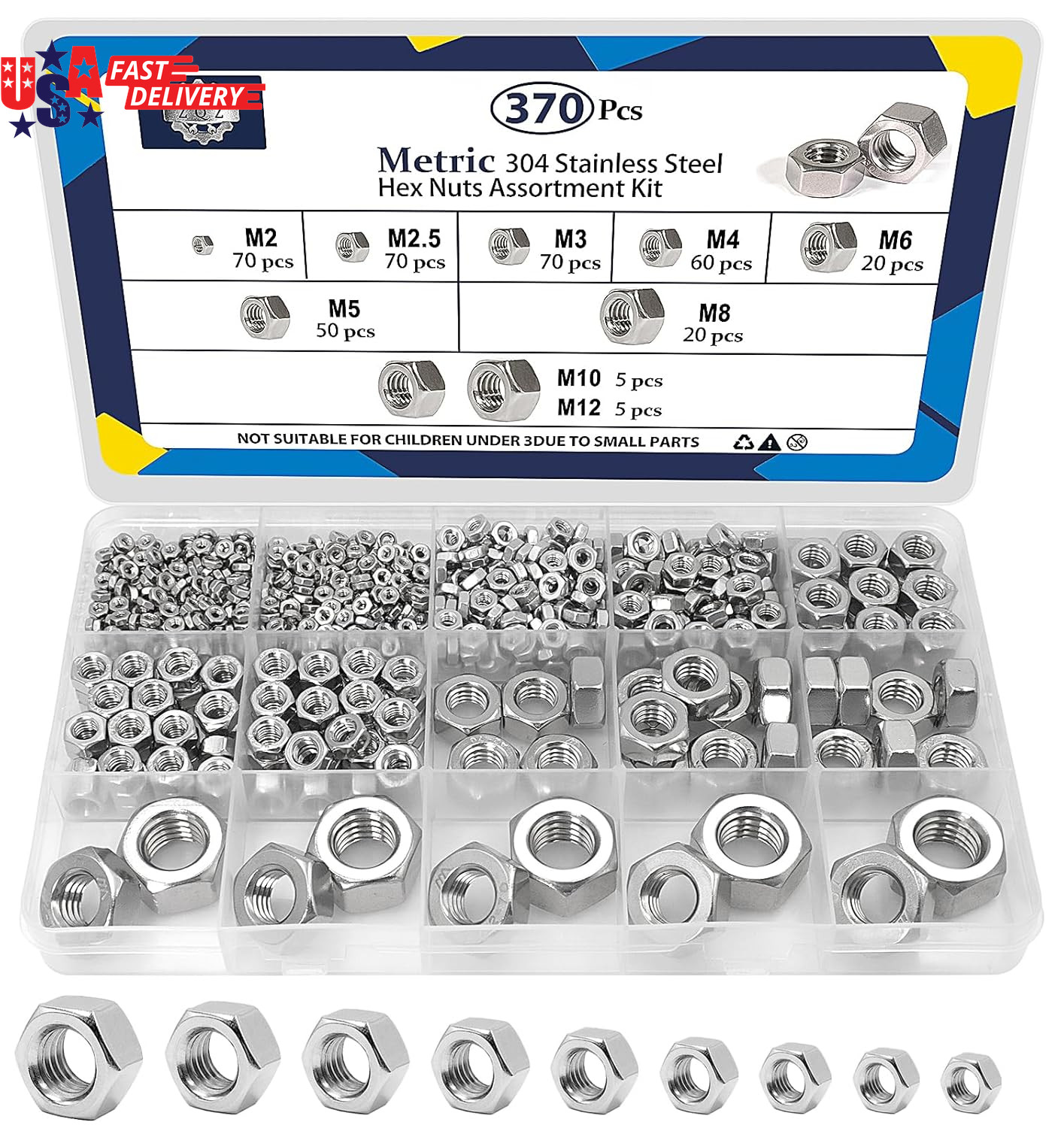 370 Pcs Metric Hex Nuts Assortment Kit, M2 M2.5 M3 M4 M5 M6 M8 M10 M12, 304 Stai