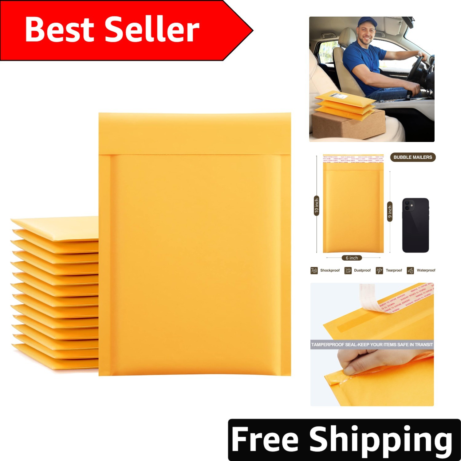 100 Pack Yellow Kraft Bubble Mailers 6×10 Inch – Secure Self-Sealing Envelopes