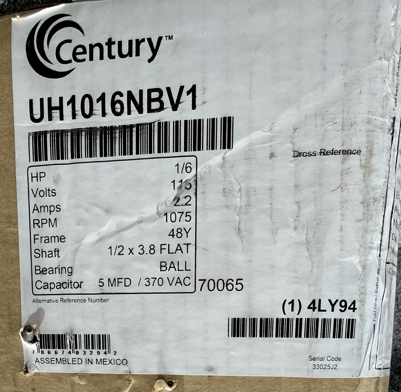 Century UH1016NBV1 F48U71A01 Unit Heater Motor 115V, 1075 RPM, 1/6 HP