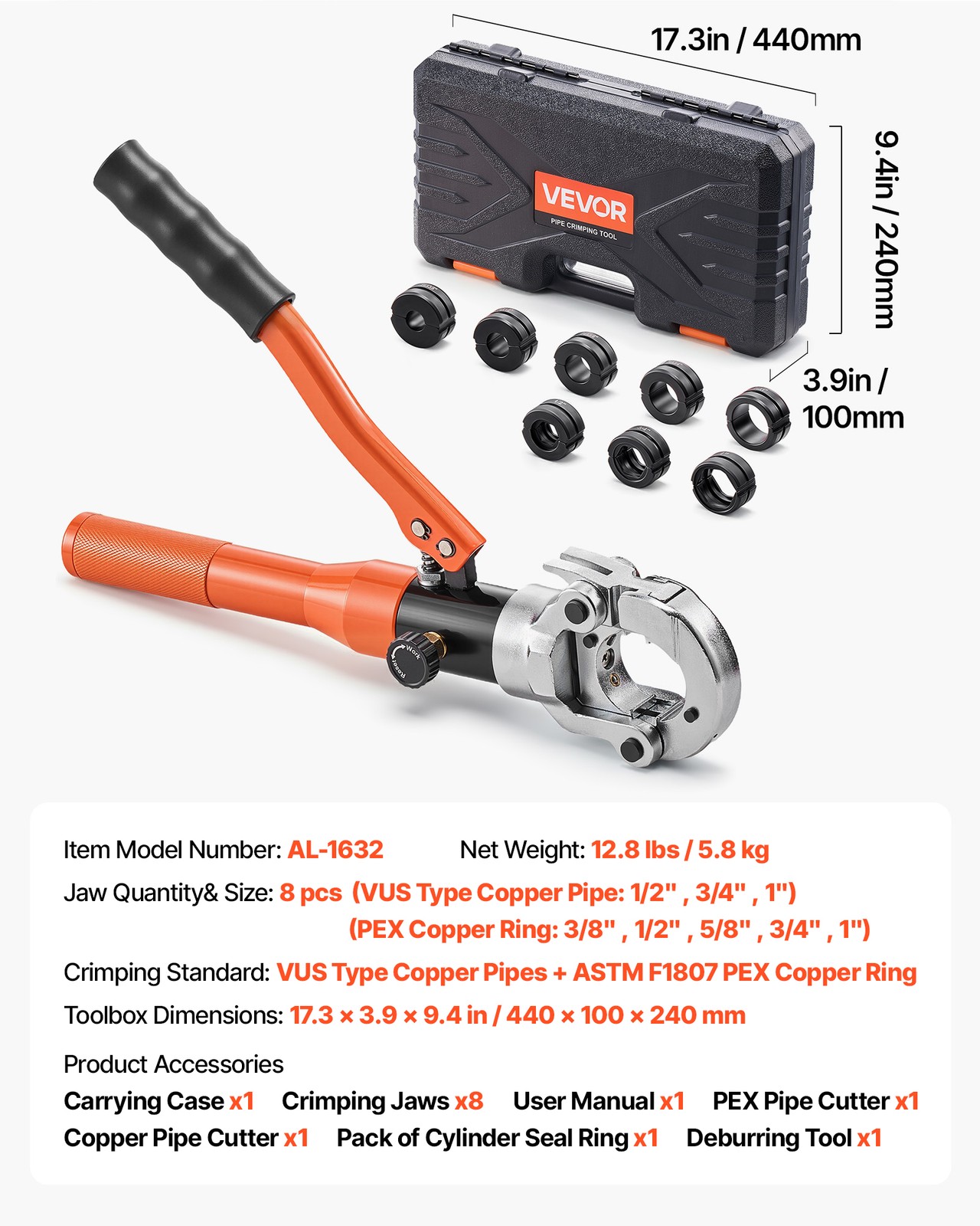 VEVOR Copper Pipe Crimping Tool Hydraulic Driven Pro Press Tool with 8 Jaws