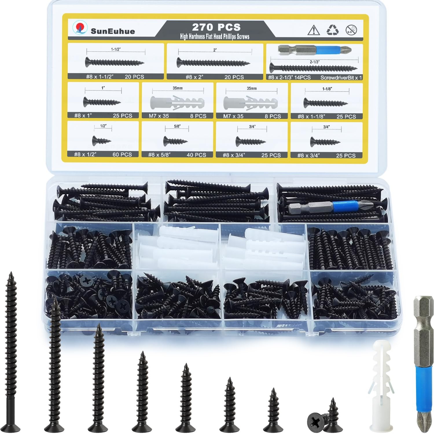 Wood Screws Assortment Kit, 270 PCS High Hardness Flat Head Phillips Assorted…