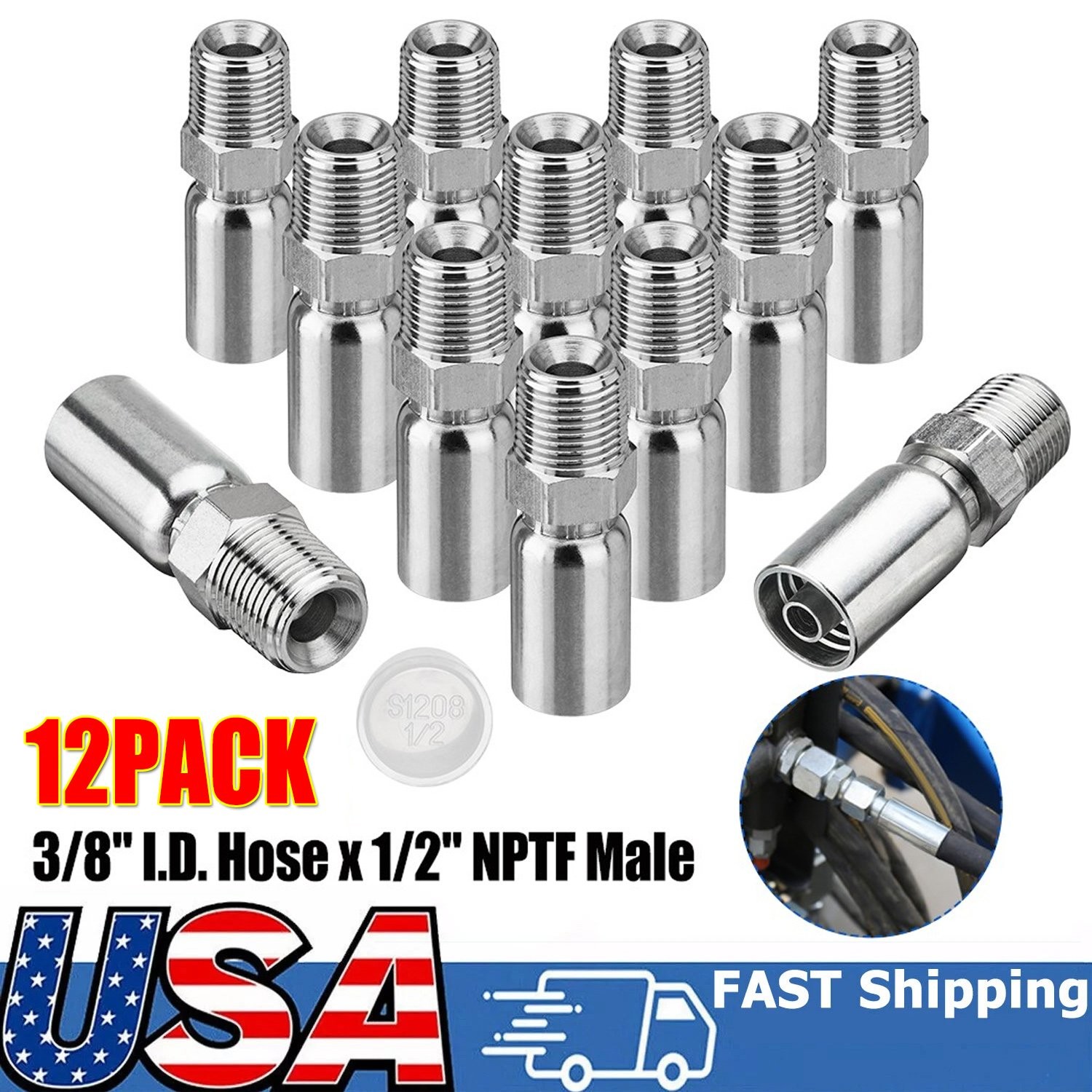 12 Pack 1/2″ NPTF Hydraulic Hose End Fittings, 3/8″ I.D. Hose x 1/2″ NPTF Male