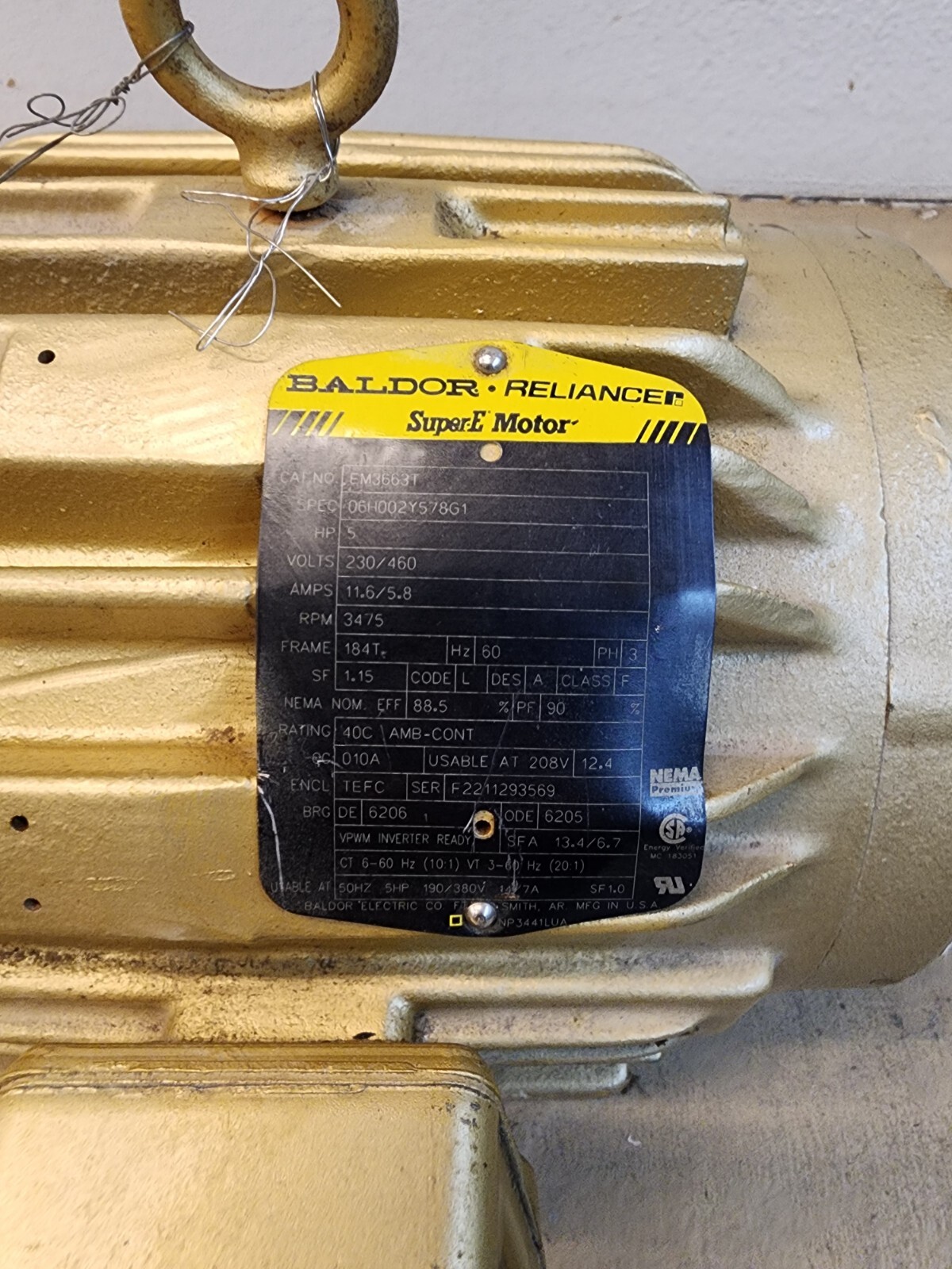 Baldor Reliance Phase General Purpose Motor 5 HP 184T Frame 208-230/460V EM3663T