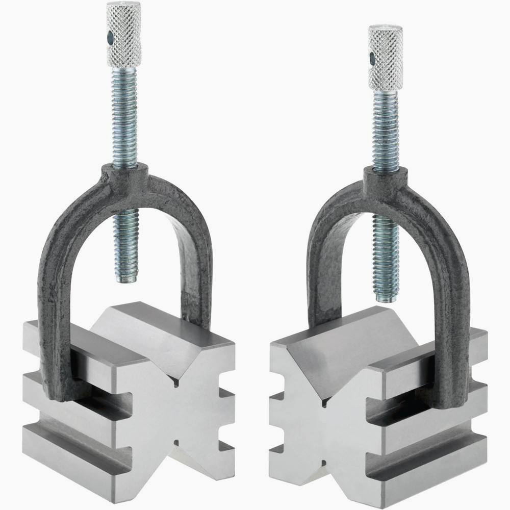 Precision Machinist’s Steel V-Block Dbl. Slot Matched Set + Clamps 2″ x 1-9/16″